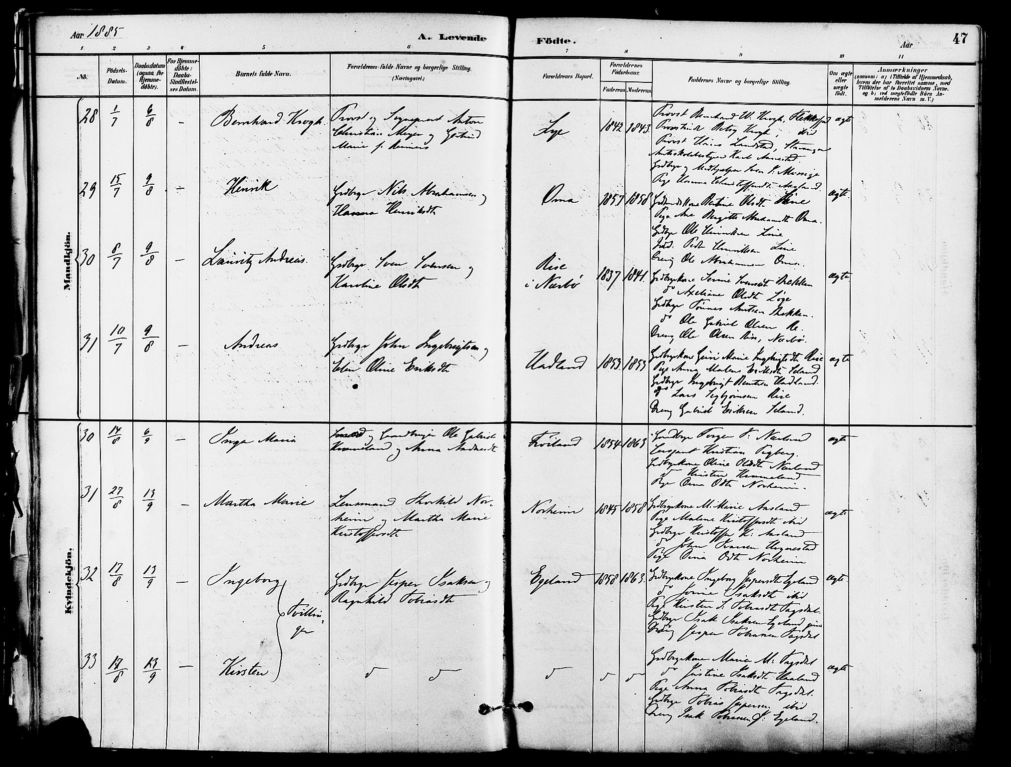 Lye sokneprestkontor, AV/SAST-A-101794/001/30BA/L0009: Parish register (official) no. A 8, 1881-1892, p. 47