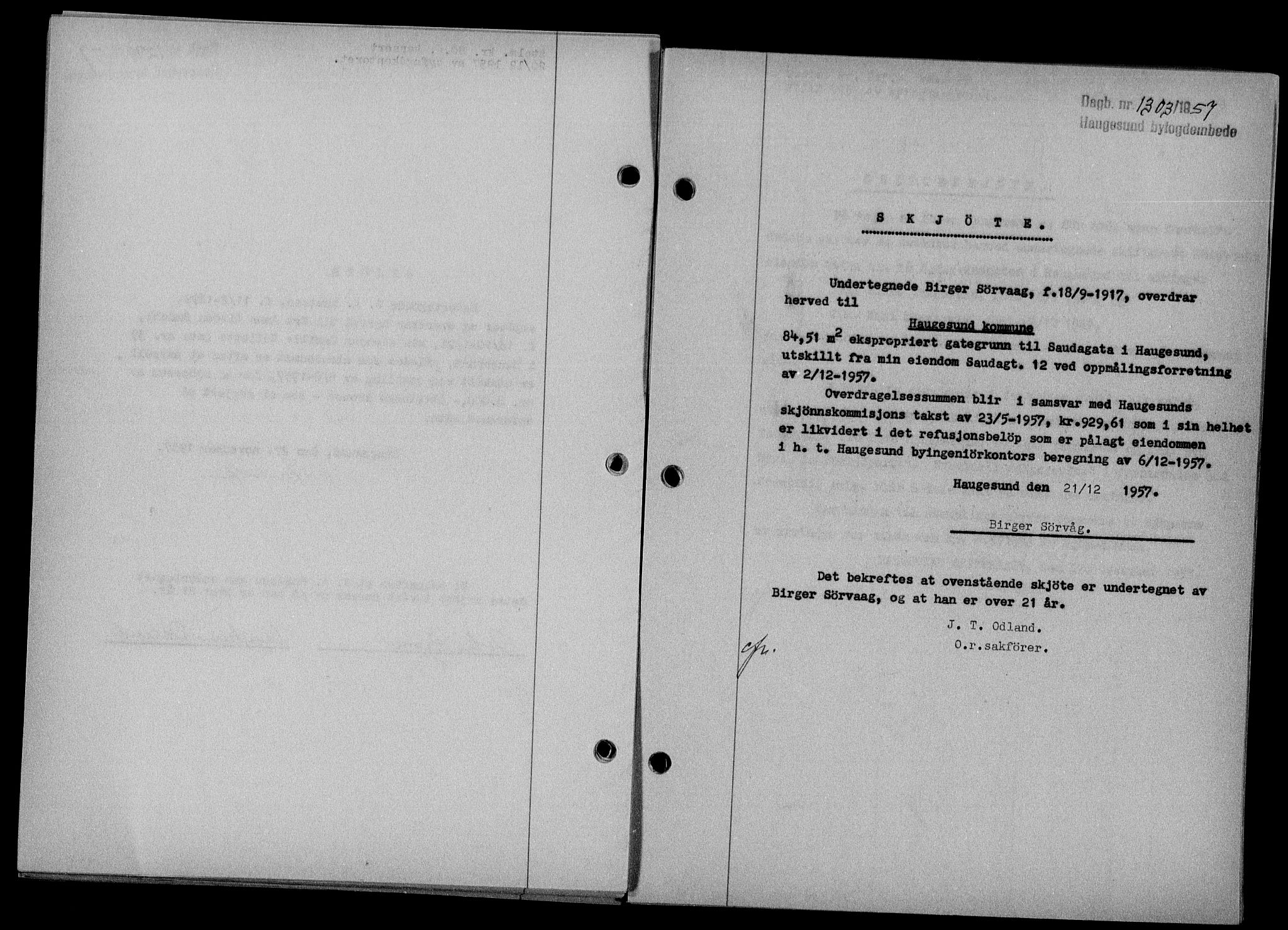 Haugesund tingrett, AV/SAST-A-101415/01/II/IIC/L0068: Mortgage book no. A 9, 1956-1958, Diary no: : 1303/1957