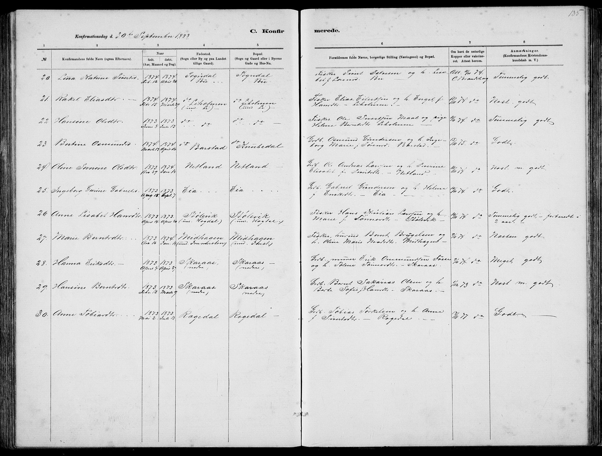 Sokndal sokneprestkontor, AV/SAST-A-101808: Parish register (copy) no. B 4, 1880-1891, p. 135