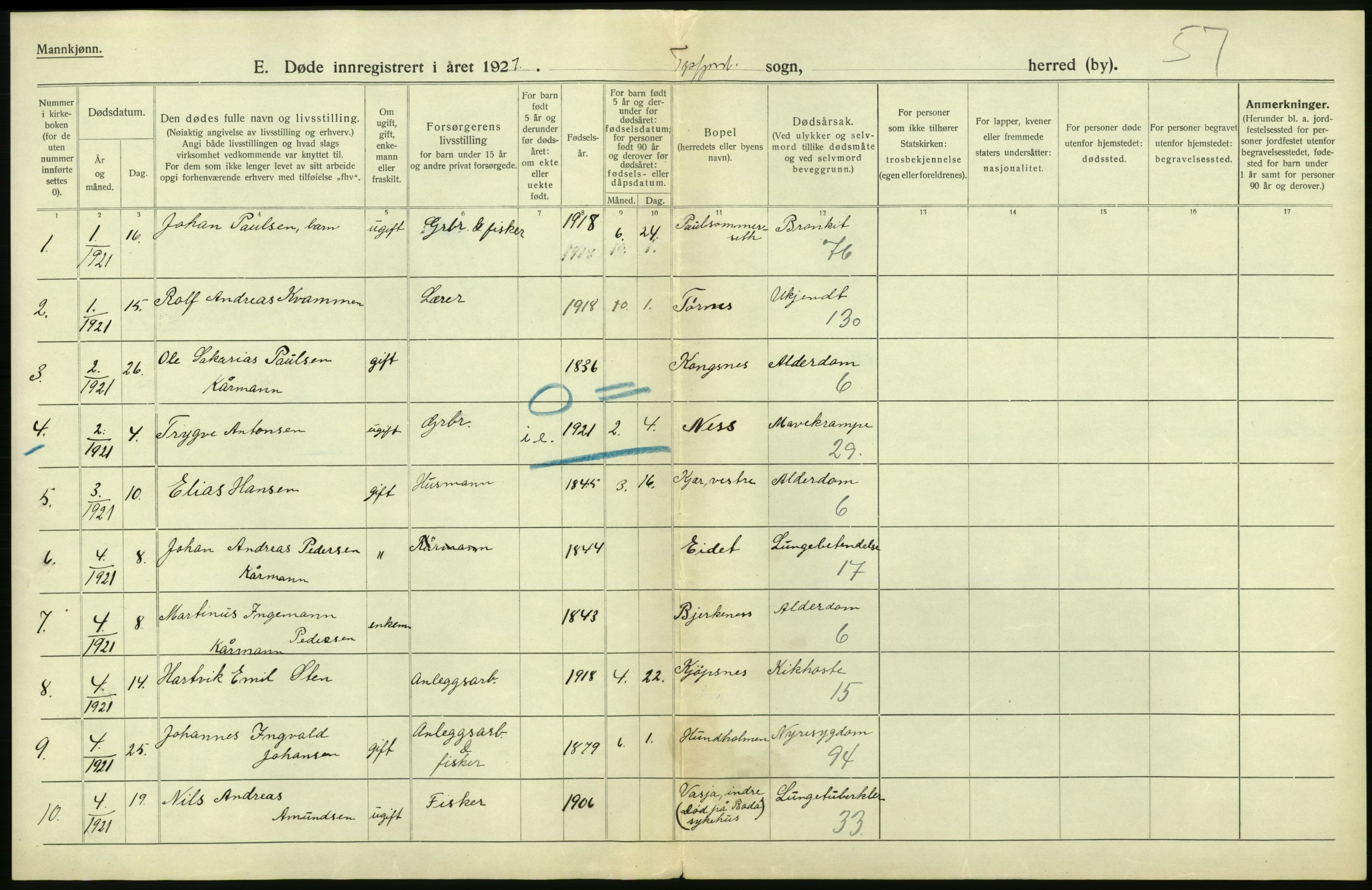Statistisk sentralbyrå, Sosiodemografiske emner, Befolkning, AV/RA-S-2228/D/Df/Dfc/Dfca/L0051: Nordland fylke: Døde. Bygder og byer., 1921