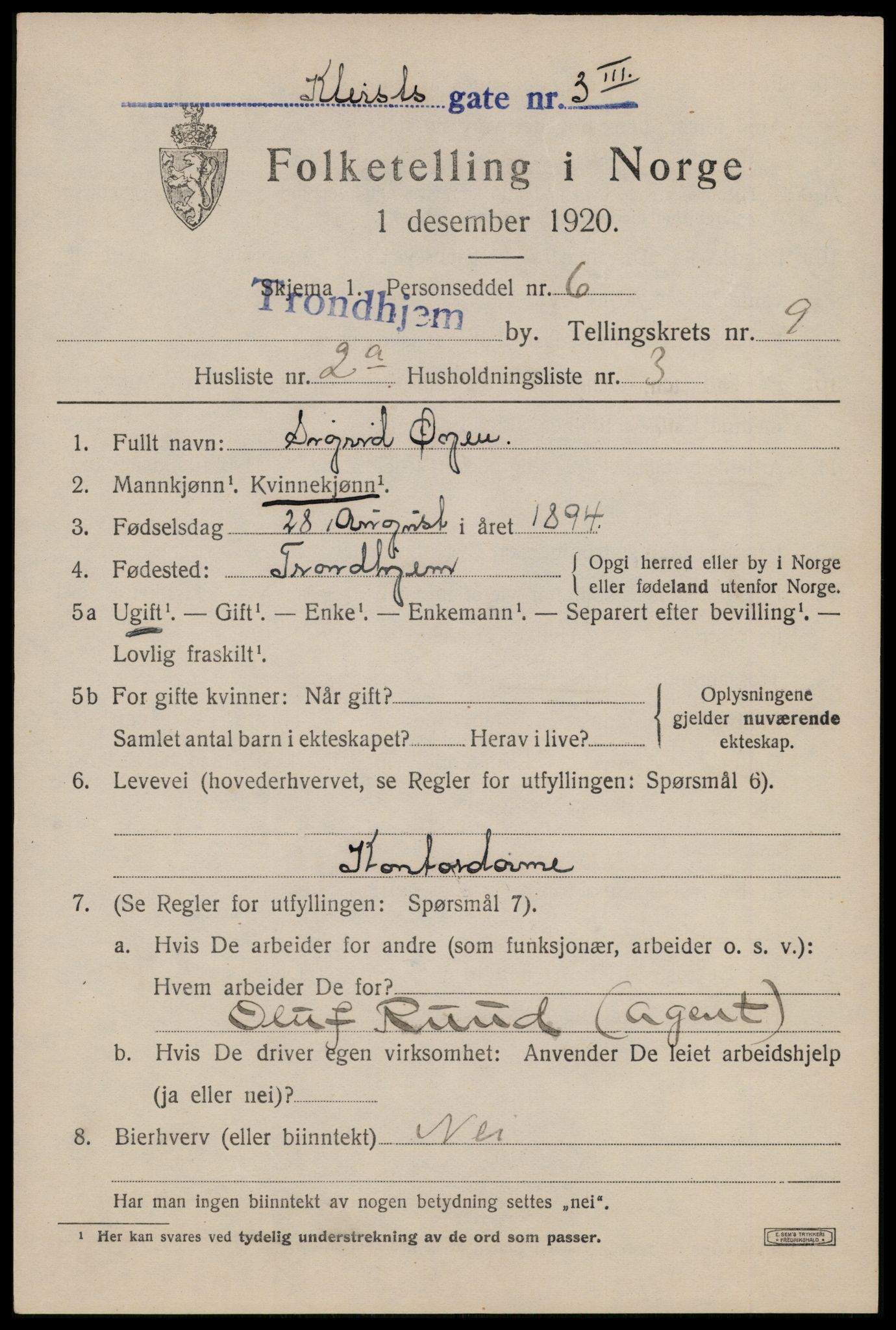 SAT, 1920 census for Trondheim, 1920, p. 43882