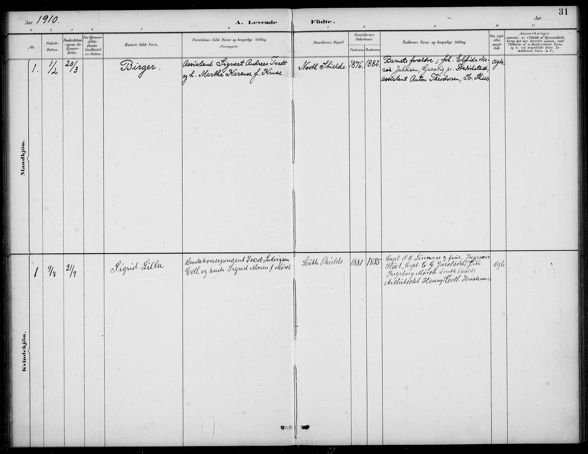 Den norske sjømannsmisjon i utlandet/Tyne-havnene (North Shields og New Castle), SAB/SAB/PA-0101/H/Ha/L0002: Parish register (official) no. A 2, 1883-1938, p. 31