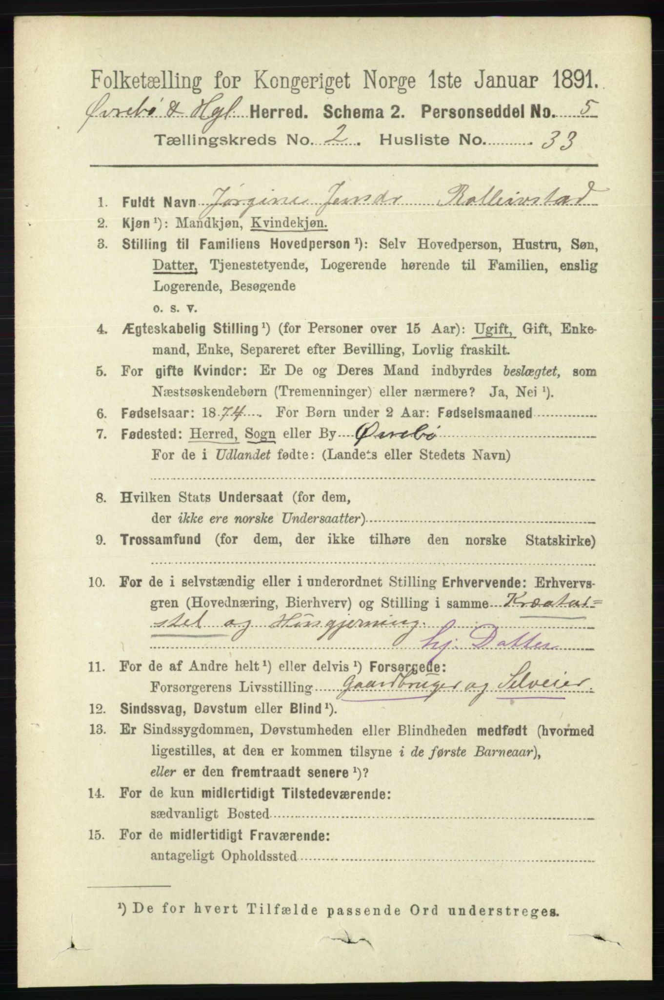 RA, 1891 census for 1016 Øvrebø og Hægeland, 1891, p. 488