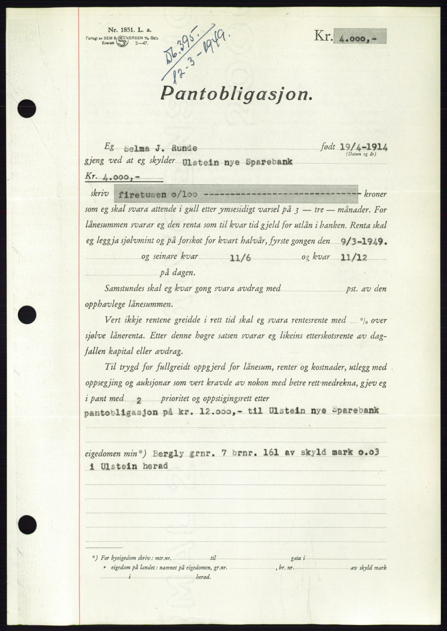 Søre Sunnmøre sorenskriveri, AV/SAT-A-4122/1/2/2C/L0116: Mortgage book no. 4B, 1948-1949, Diary no: : 395/1949