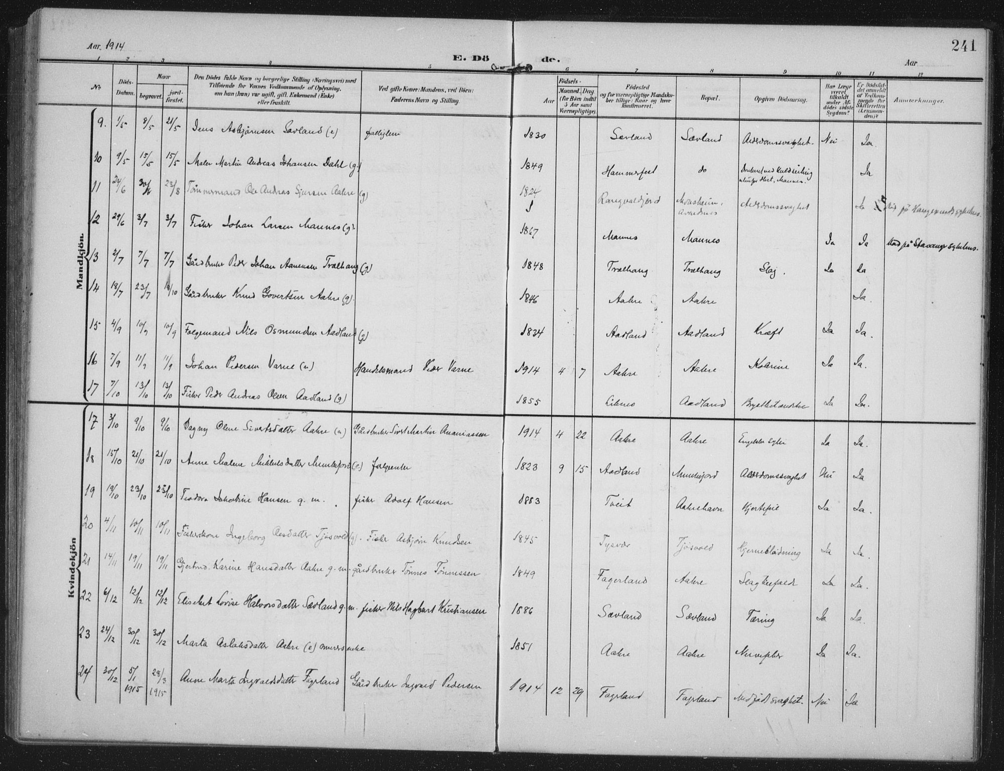 Kopervik sokneprestkontor, AV/SAST-A-101850/H/Ha/Haa/L0005: Parish register (official) no. A 5, 1906-1924, p. 241