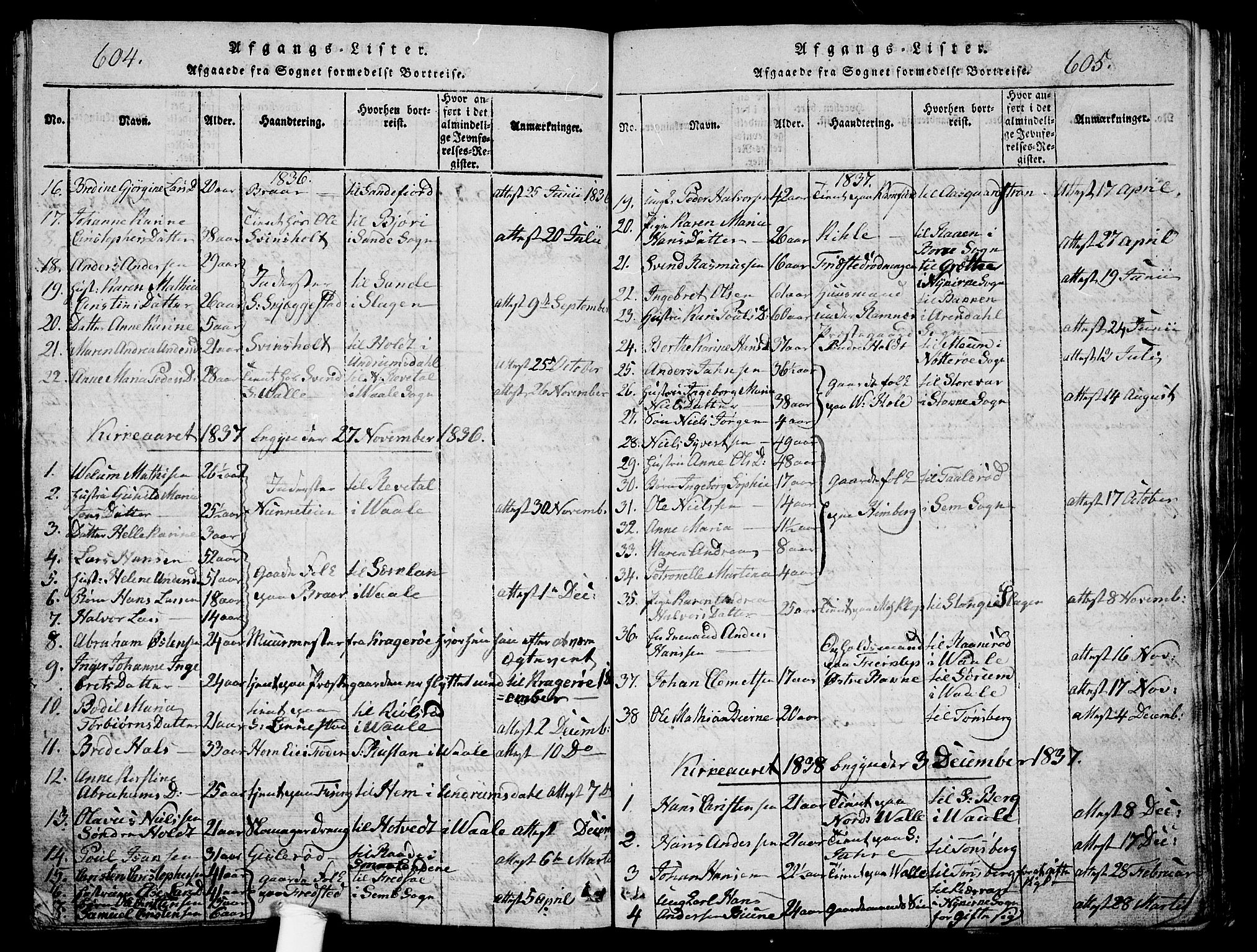 Ramnes kirkebøker, SAKO/A-314/G/Ga/L0001: Parish register (copy) no. I 1, 1813-1847, p. 604-605