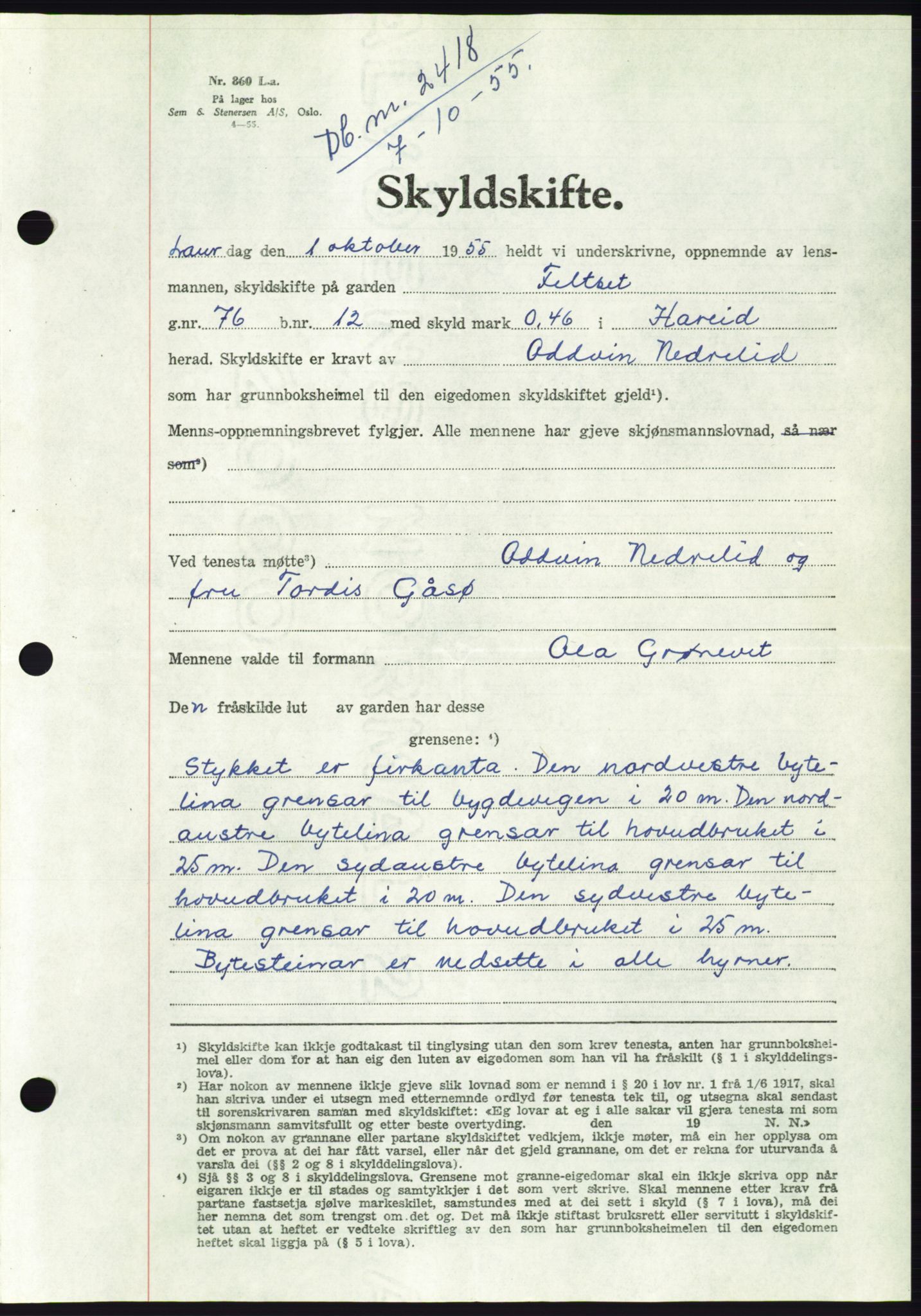 Søre Sunnmøre sorenskriveri, AV/SAT-A-4122/1/2/2C/L0102: Mortgage book no. 28A, 1955-1956, Diary no: : 2418/1955