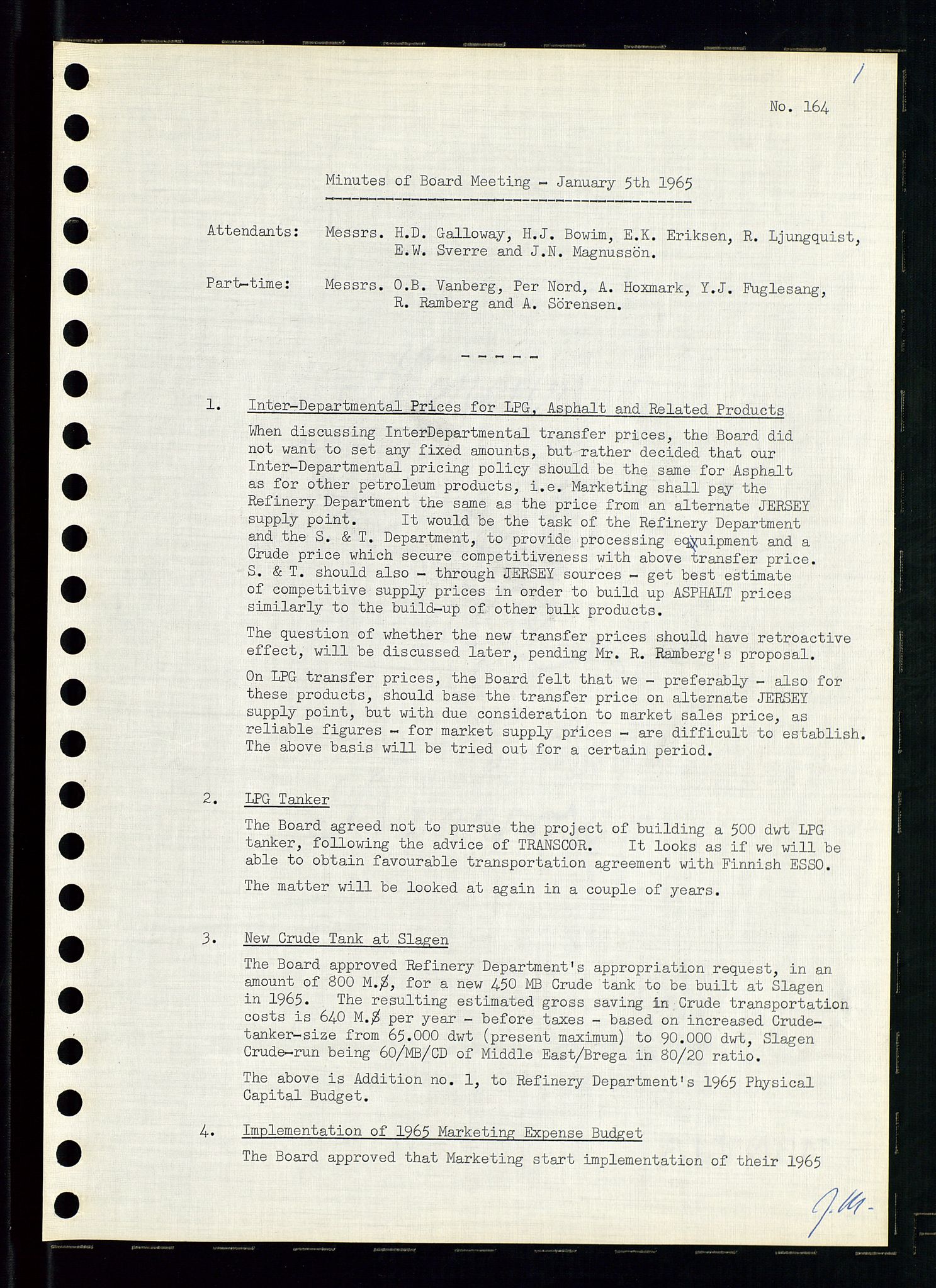 Pa 0982 - Esso Norge A/S, AV/SAST-A-100448/A/Aa/L0002/0001: Den administrerende direksjon Board minutes (styrereferater) / Den administrerende direksjon Board minutes (styrereferater), 1965, p. 164