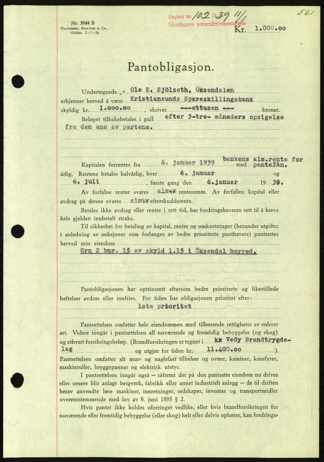Nordmøre sorenskriveri, SAT/A-4132/1/2/2Ca: Mortgage book no. B84, 1938-1939, Diary no: : 102/1939