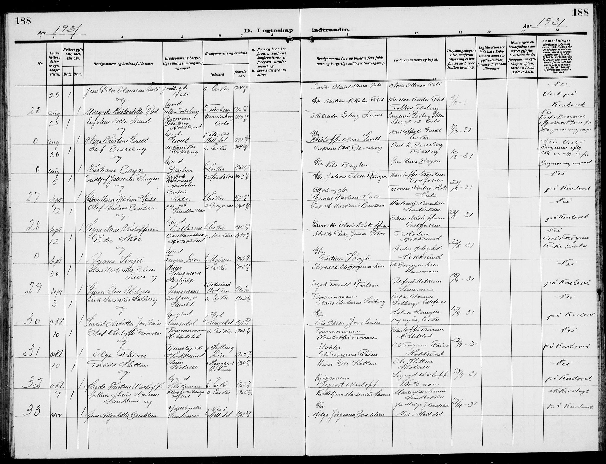 Eiker kirkebøker, AV/SAKO-A-4/G/Ga/L0010: Parish register (copy) no. I 10, 1925-1934, p. 188