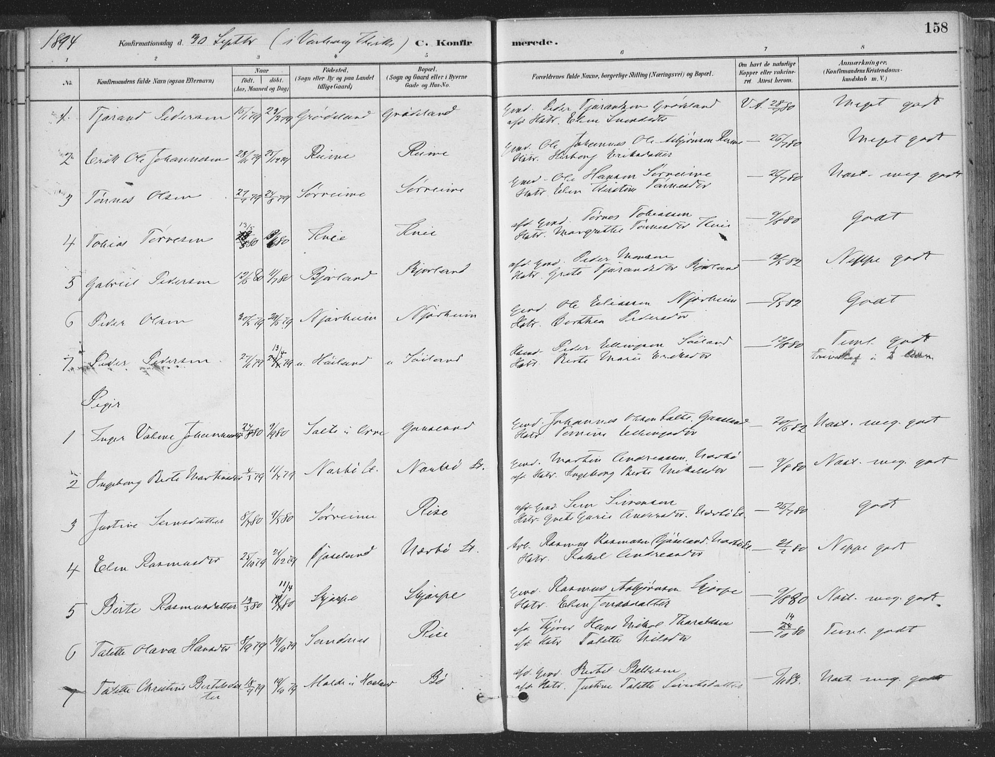 Hå sokneprestkontor, SAST/A-101801/001/30BA/L0010: Parish register (official) no. A 9, 1879-1896, p. 158