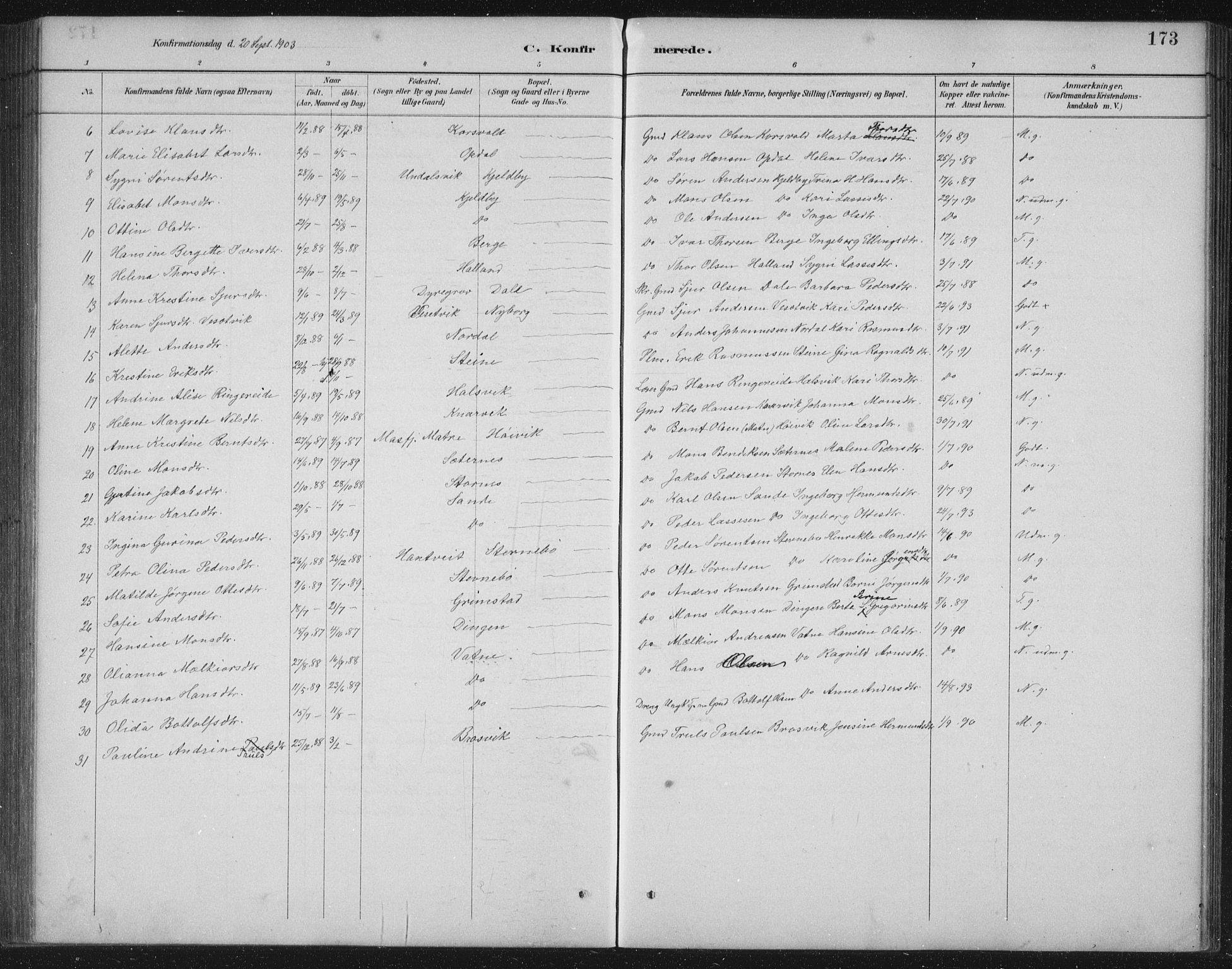 Gulen sokneprestembete, AV/SAB-A-80201/H/Hab/Habb/L0003: Parish register (copy) no. B 3, 1884-1907, p. 173