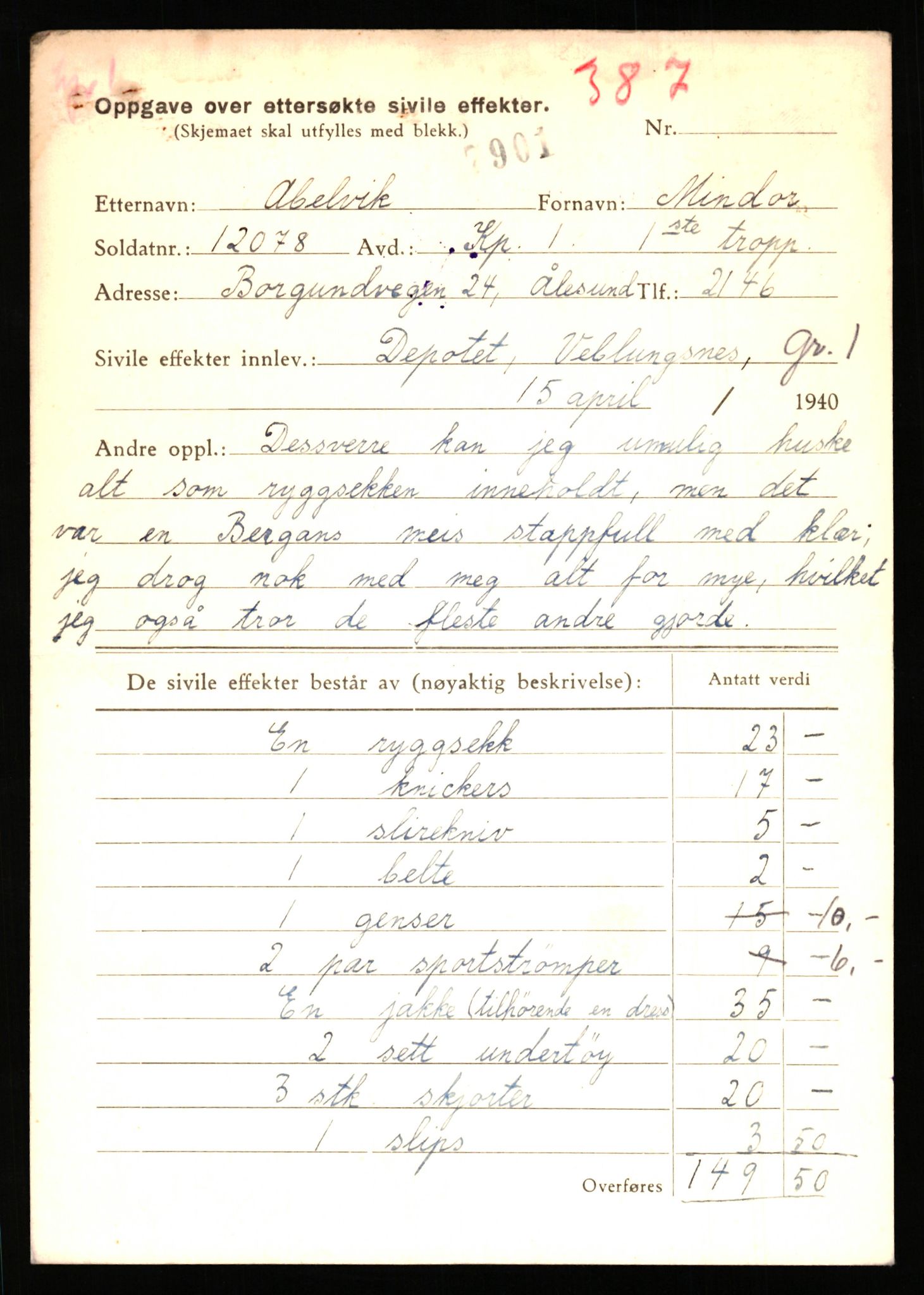 Justisdepartementet, Oppgjørsavdelingen, AV/RA-S-1056/G/Gb/L0001: Oppgaver over ettersøkte sivile effekter: Abel - Andersen, Anders J., 1940-1942, p. 43