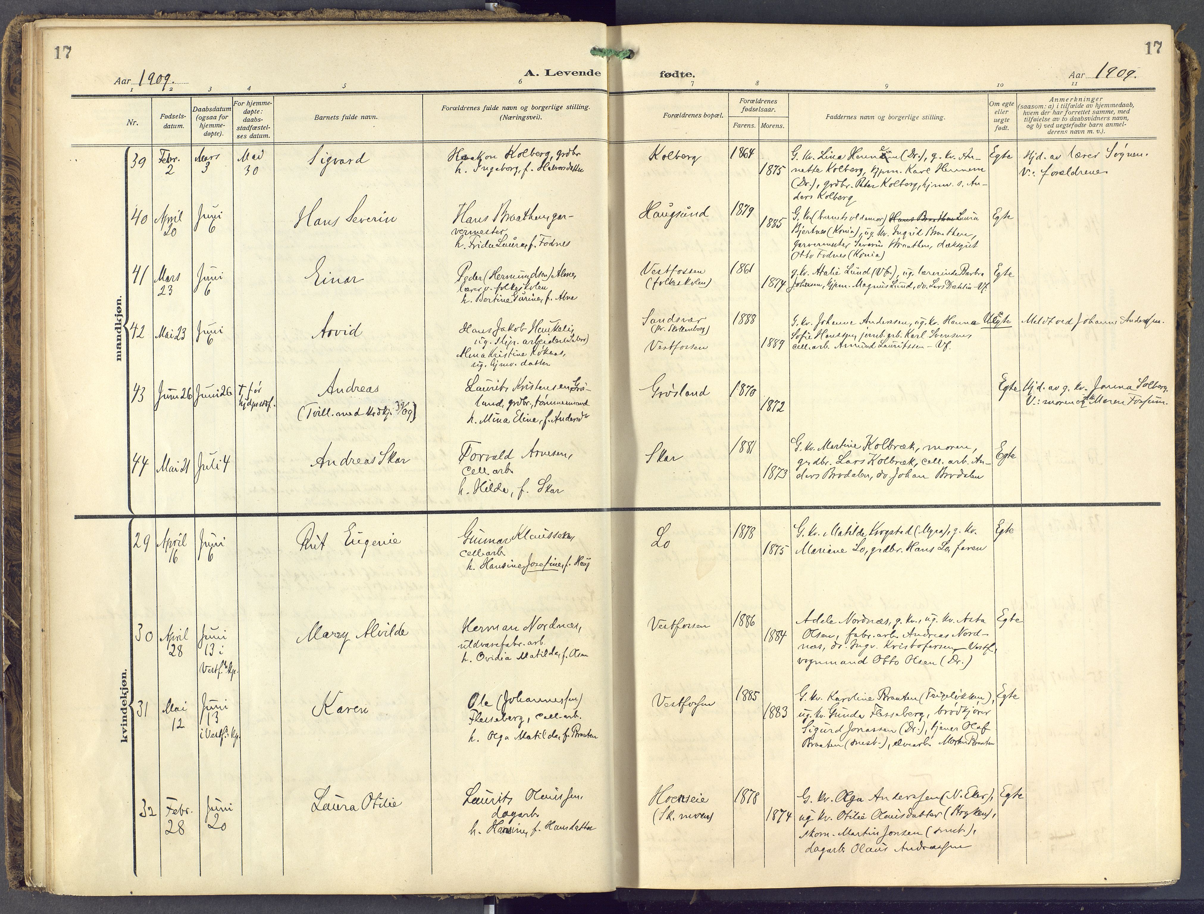 Eiker kirkebøker, SAKO/A-4/F/Fb/L0009: Parish register (official) no. II 9, 1908-1923, p. 17