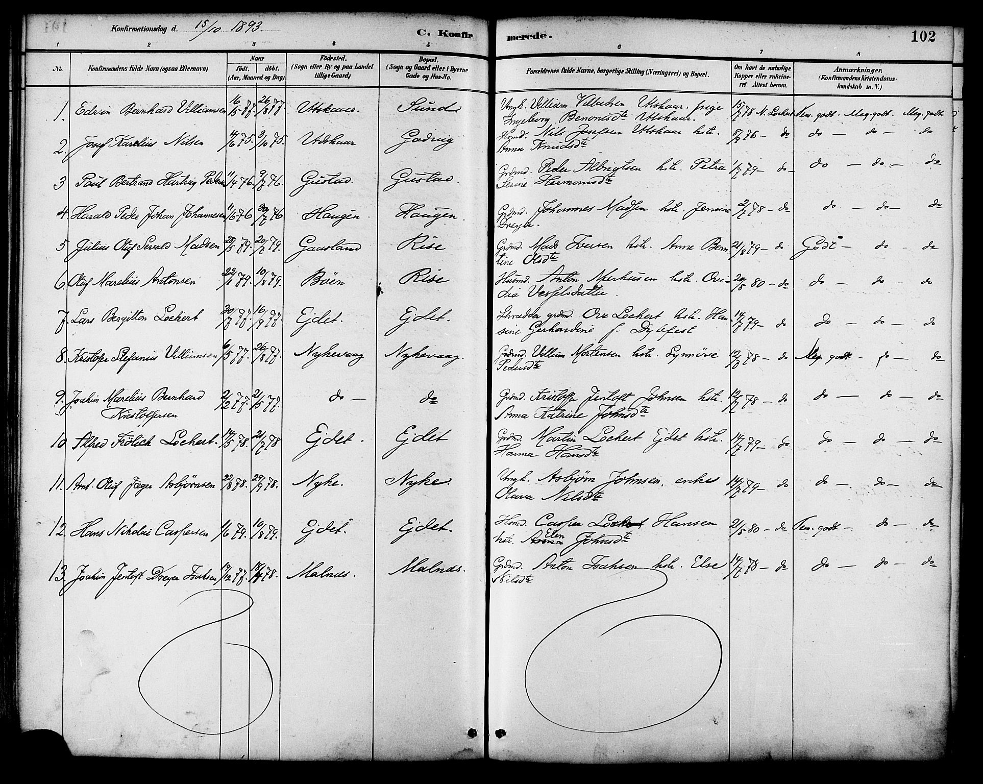 Ministerialprotokoller, klokkerbøker og fødselsregistre - Nordland, AV/SAT-A-1459/892/L1320: Parish register (official) no. 892A01, 1886-1901, p. 102