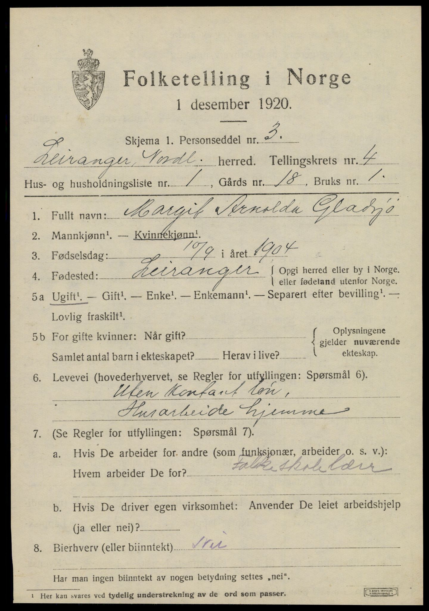 SAT, 1920 census for Leiranger, 1920, p. 1531