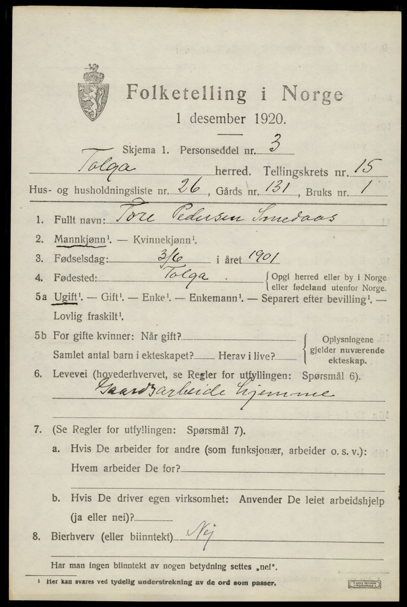 SAH, 1920 census for Tolga, 1920, p. 7151