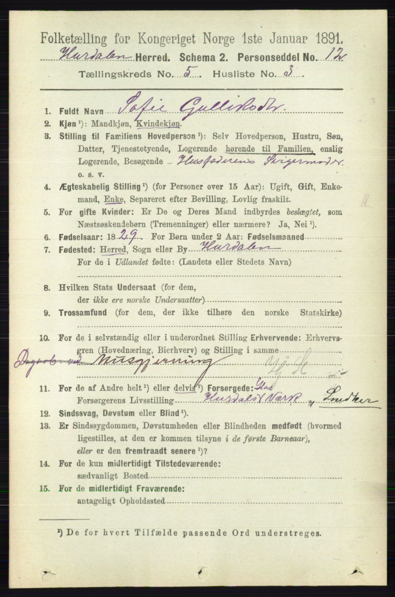 RA, 1891 census for 0239 Hurdal, 1891, p. 2039