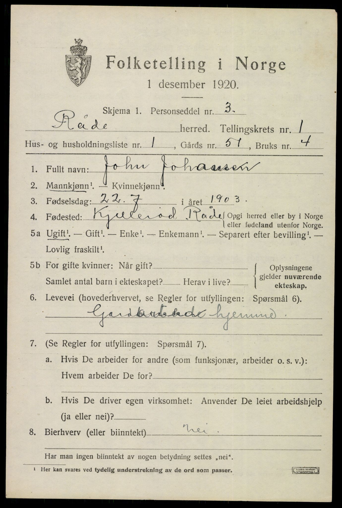 SAO, 1920 census for Råde, 1920, p. 1078