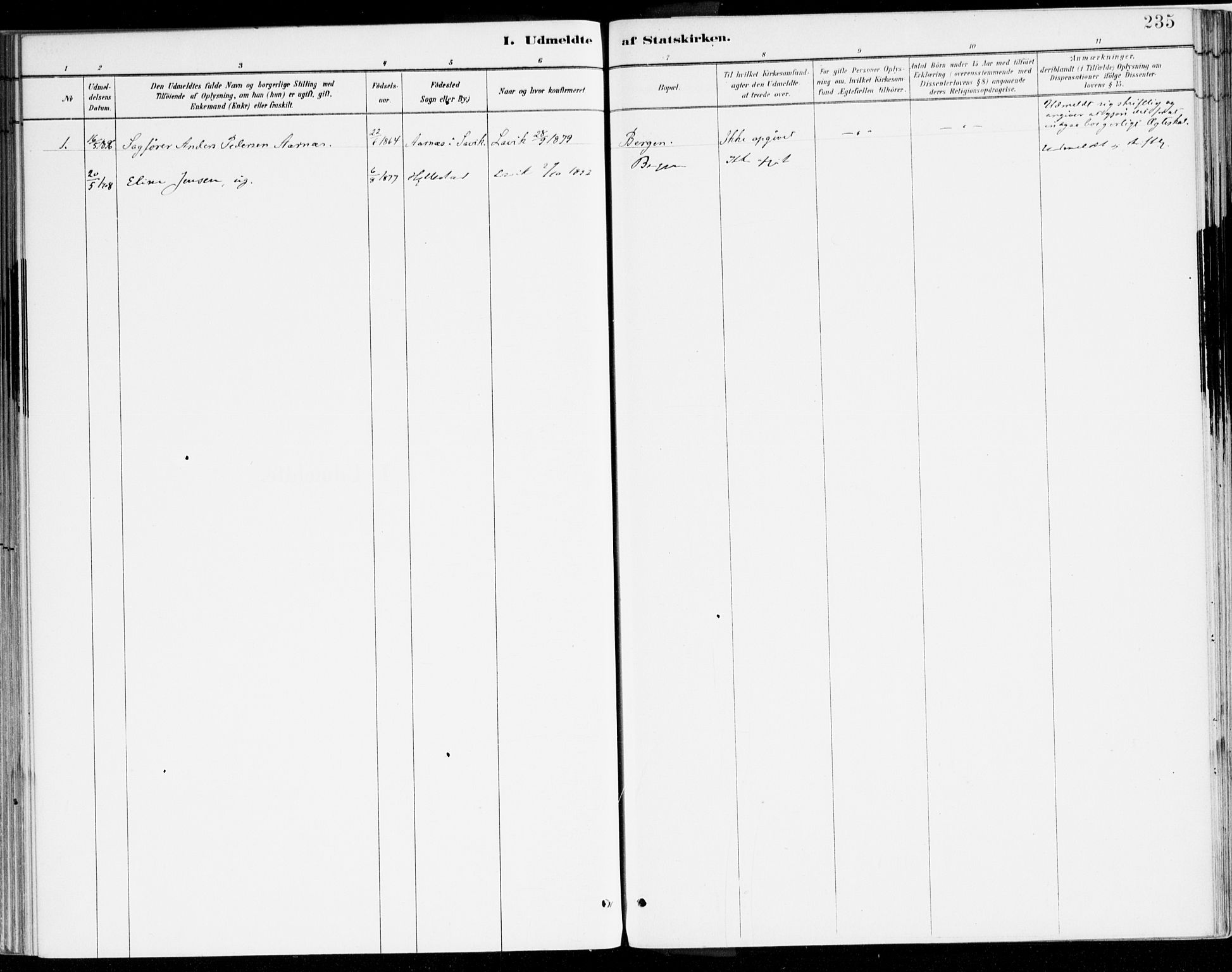Lavik sokneprestembete, SAB/A-80901: Parish register (official) no. B 1, 1882-1908, p. 235