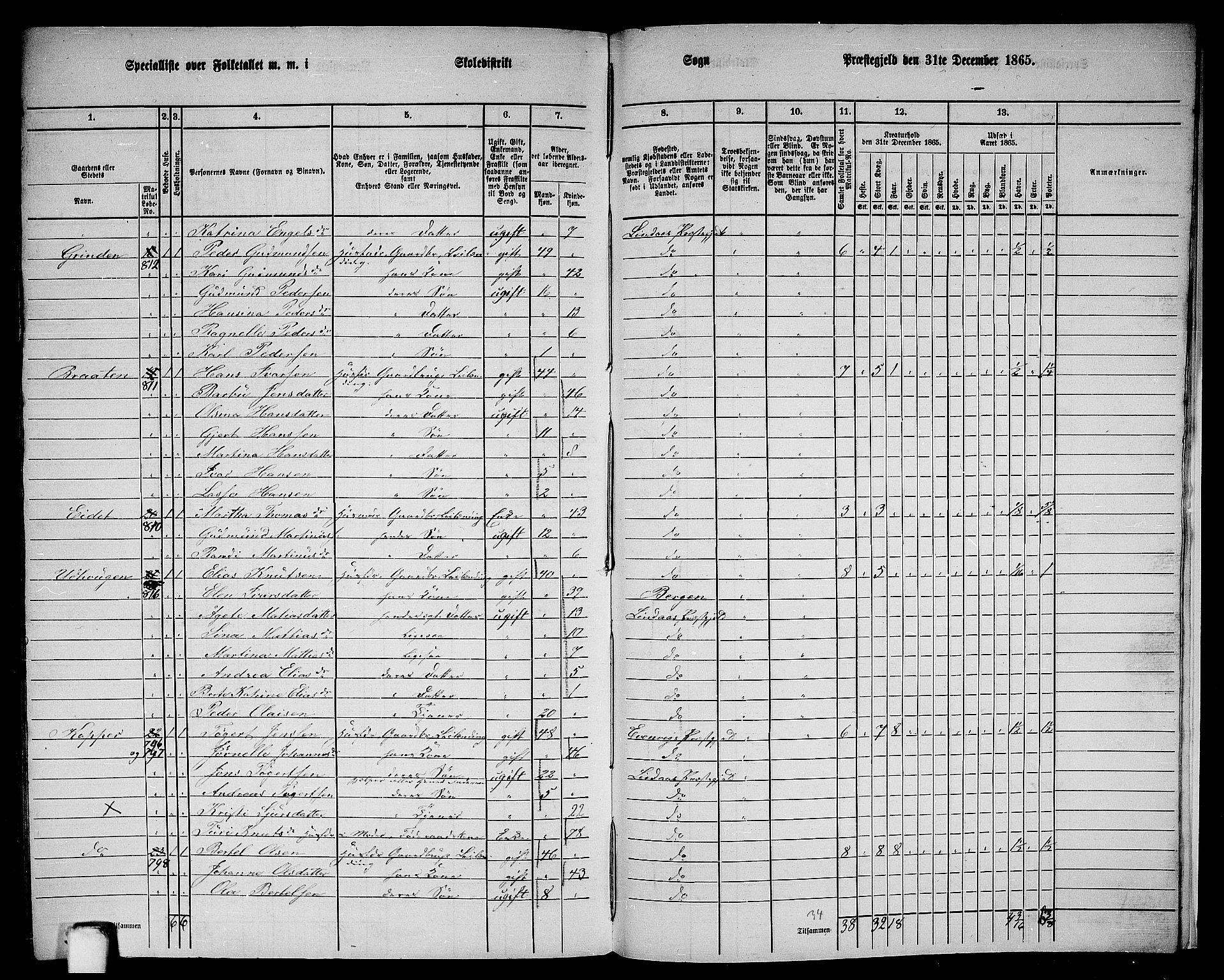 RA, 1865 census for Lindås, 1865, p. 295