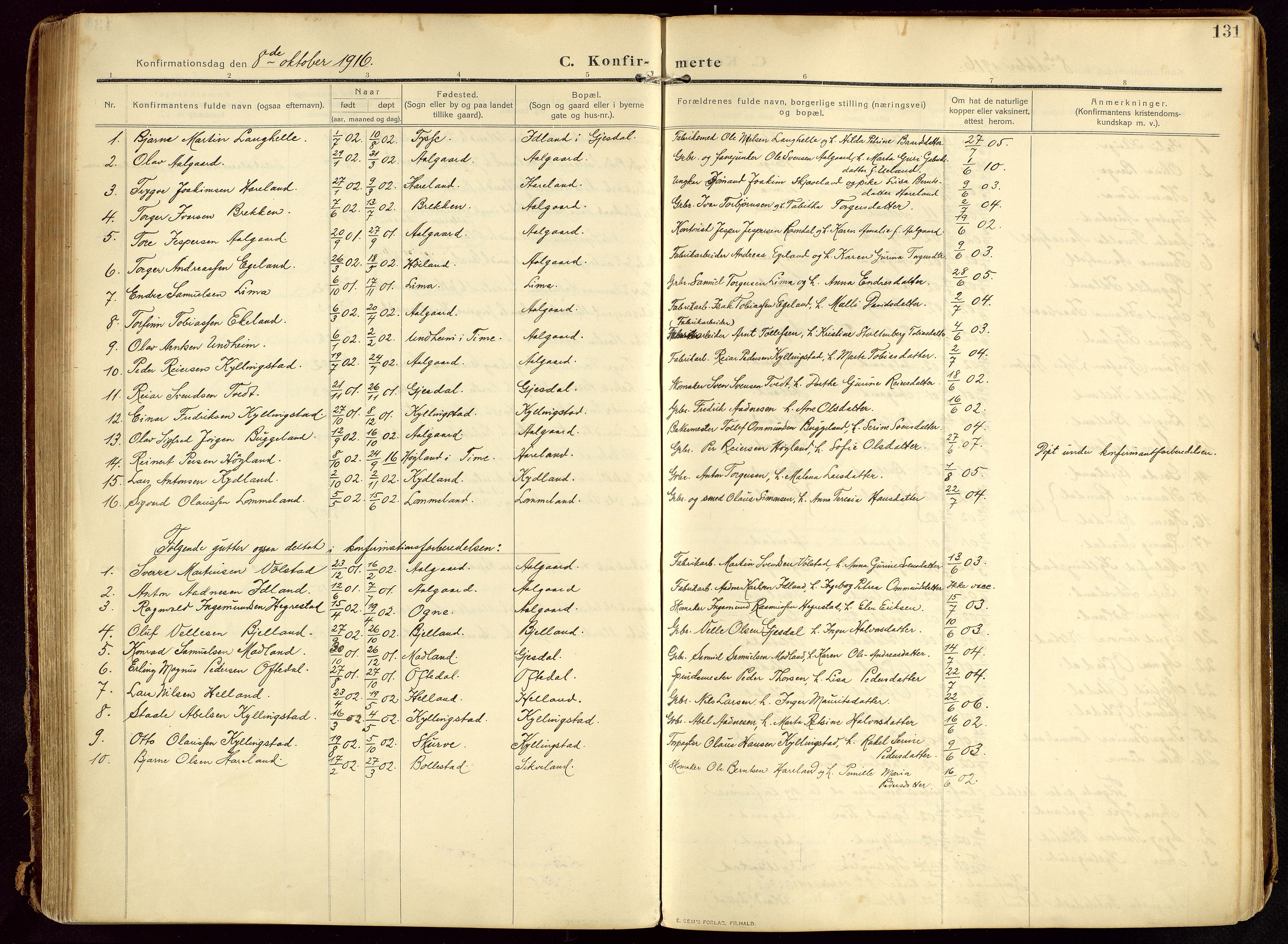 Lye sokneprestkontor, SAST/A-101794/002/B/L0001: Parish register (official) no. A 13, 1910-1925, p. 131