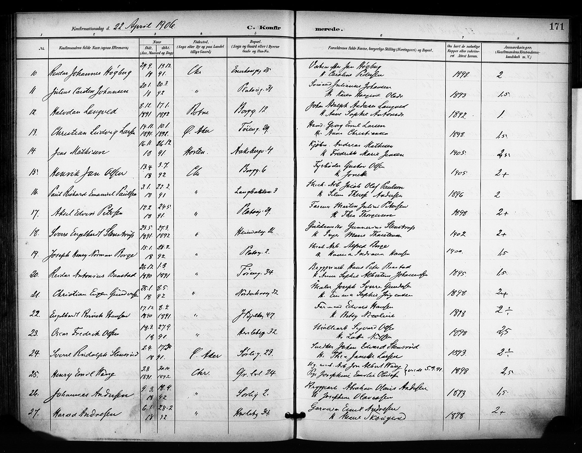 Grønland prestekontor Kirkebøker, AV/SAO-A-10848/F/Fa/L0015: Parish register (official) no. 15, 1899-1919, p. 171