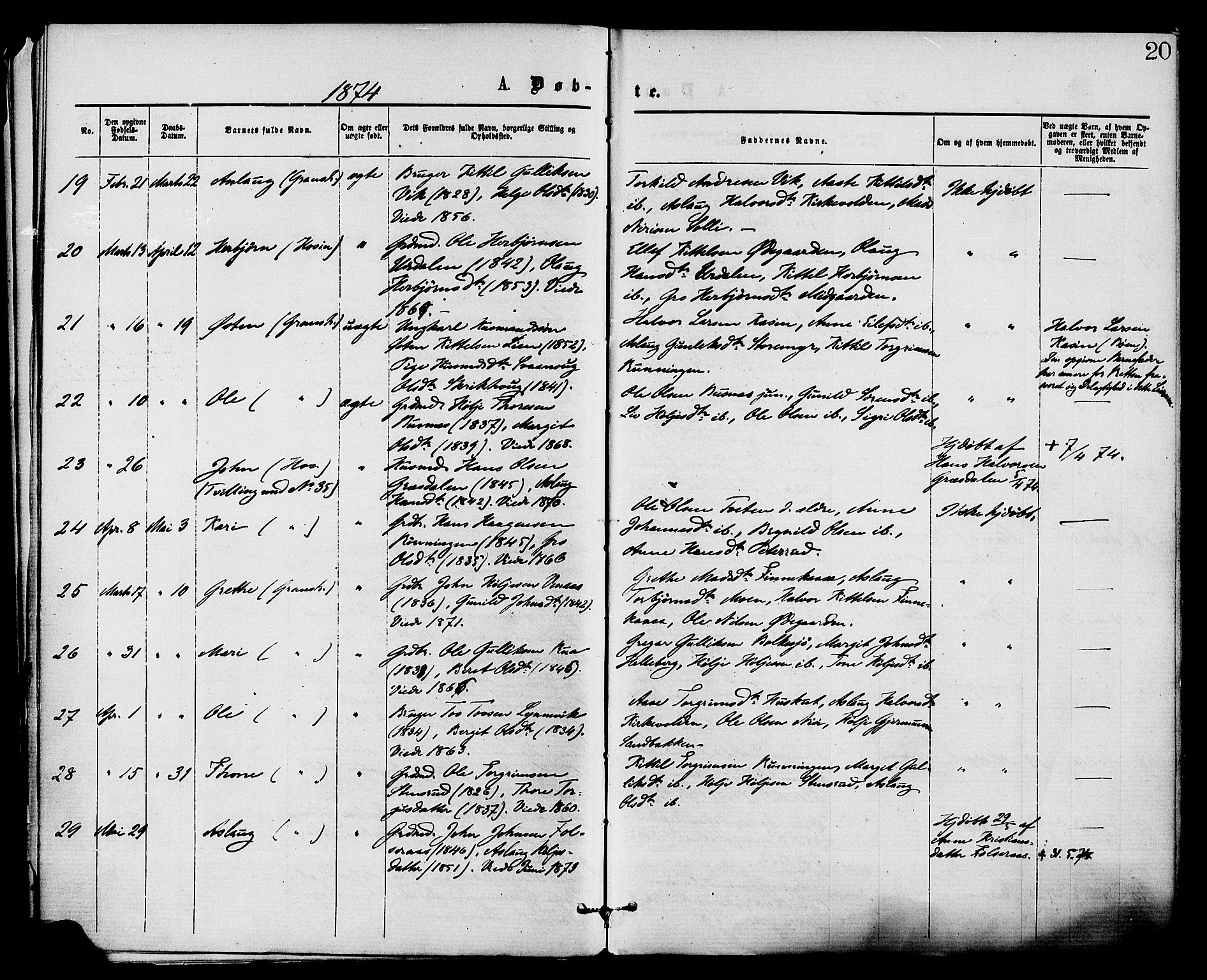 Gransherad kirkebøker, AV/SAKO-A-267/F/Fa/L0004: Parish register (official) no. I 4, 1871-1886, p. 20