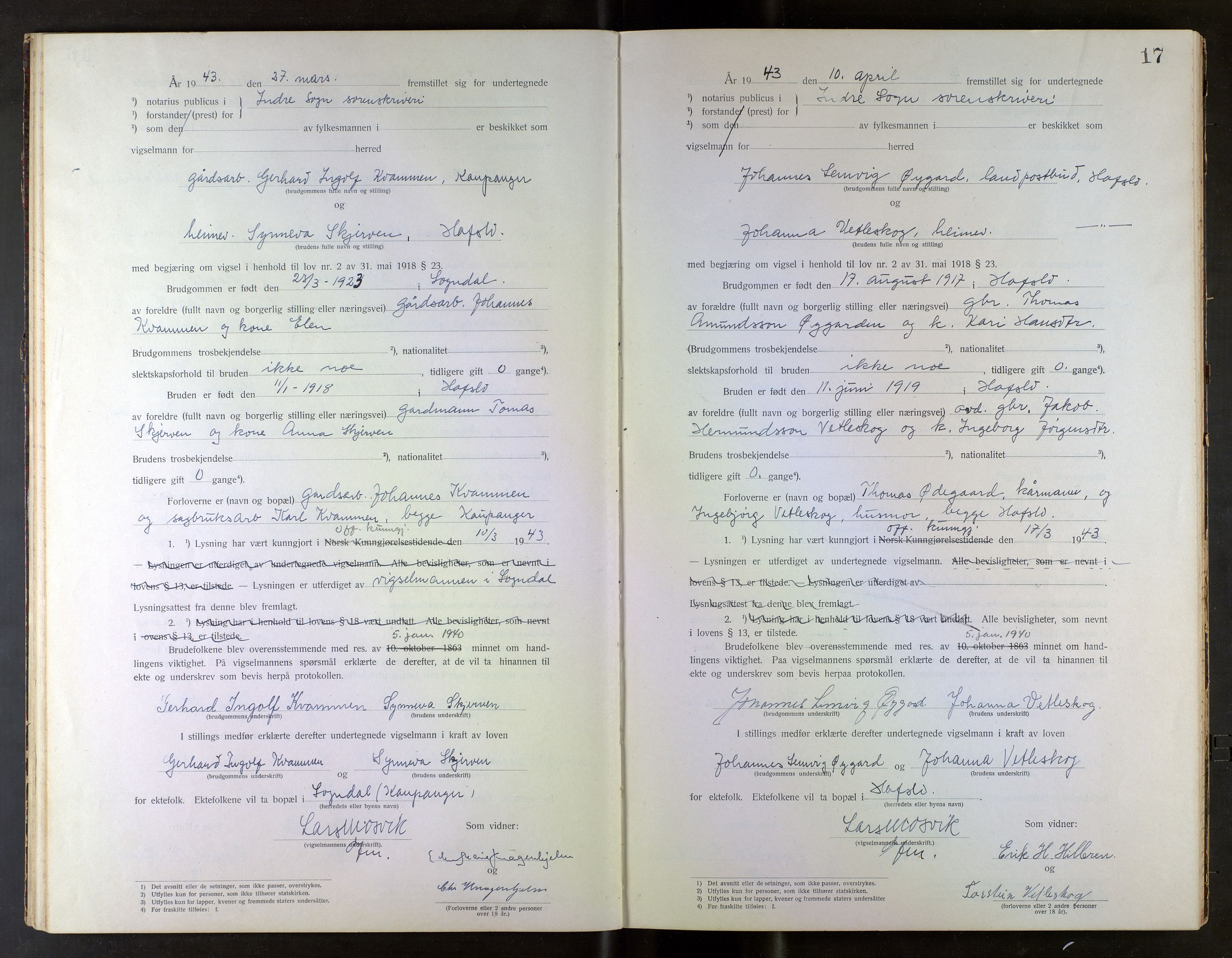 Indre Sogn tingrett, AV/SAB-A-3301/1/L/La/Laa/L0001: Vigselsbok Indre Sogn, 1938-1967, p. 17