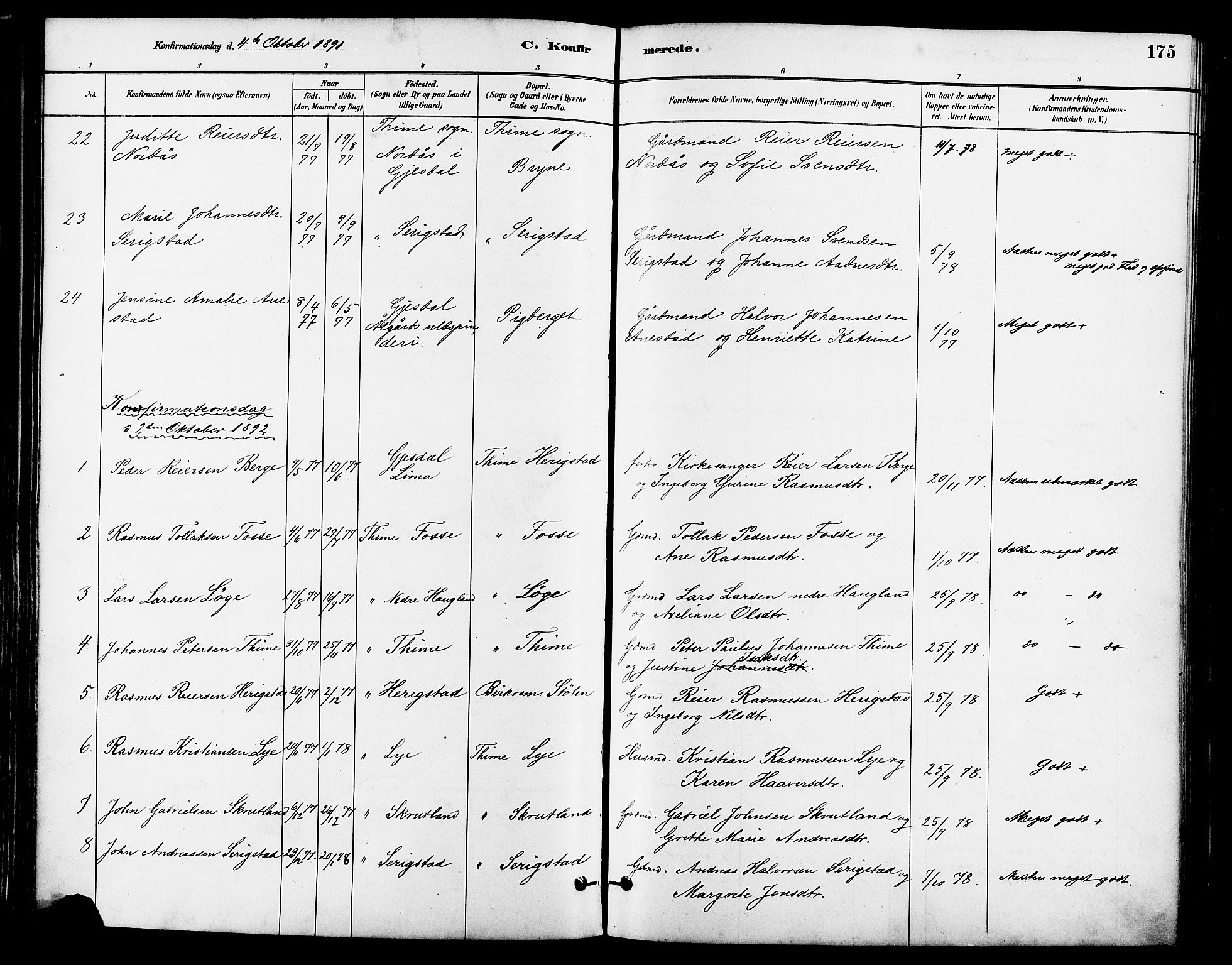 Lye sokneprestkontor, SAST/A-101794/001/30BA/L0009: Parish register (official) no. A 8, 1881-1892, p. 175