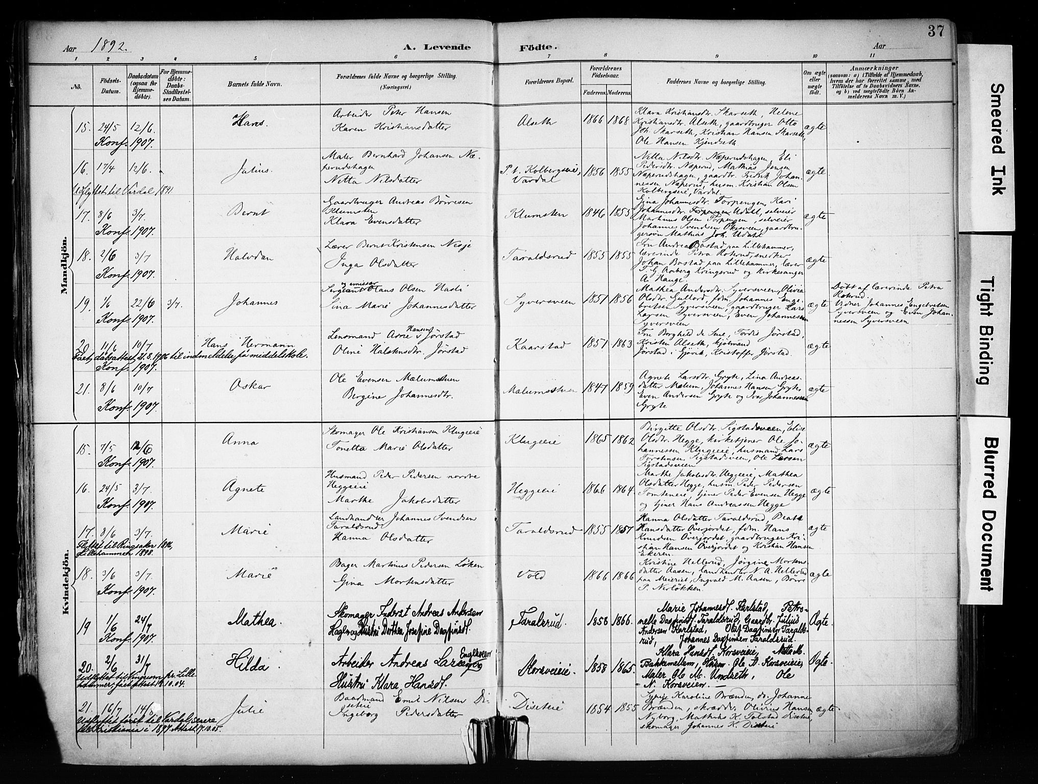 Biri prestekontor, SAH/PREST-096/H/Ha/Haa/L0009: Parish register (official) no. 9, 1887-1900, p. 37