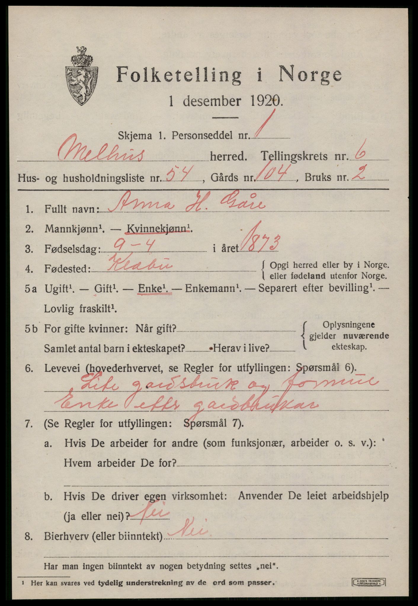 SAT, 1920 census for Melhus, 1920, p. 6869