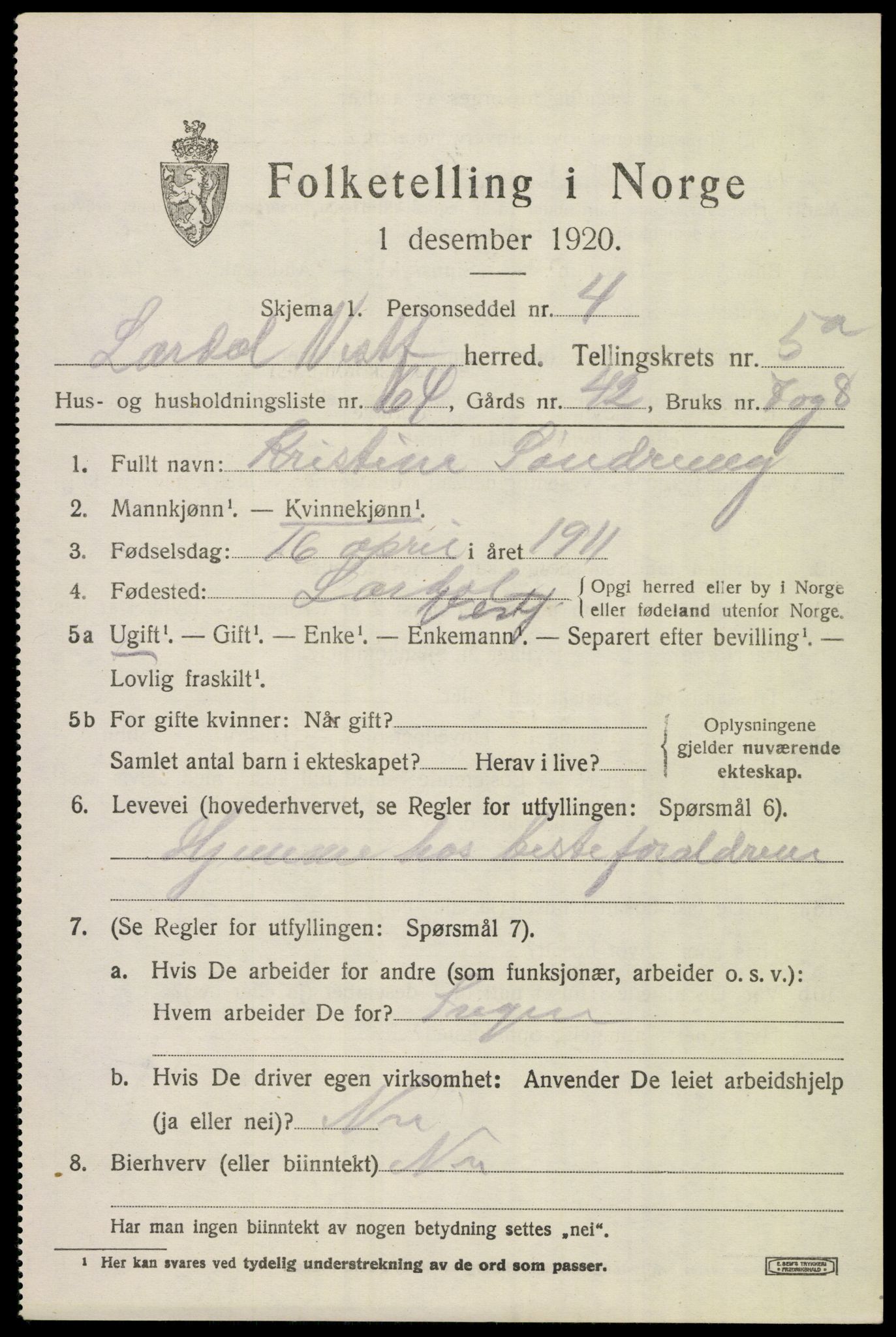 SAKO, 1920 census for Lardal, 1920, p. 5183