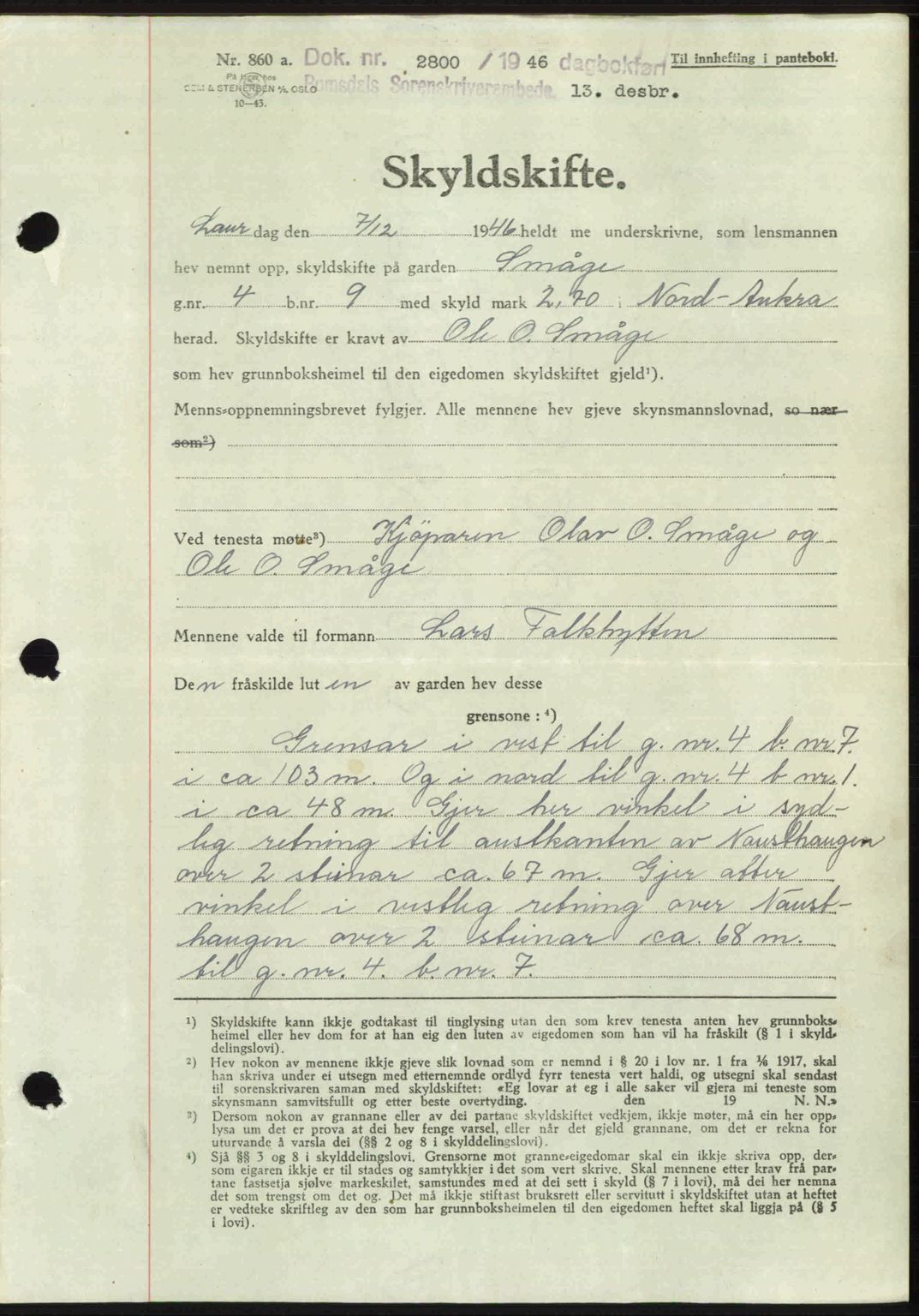 Romsdal sorenskriveri, AV/SAT-A-4149/1/2/2C: Mortgage book no. A21, 1946-1946, Diary no: : 2800/1946