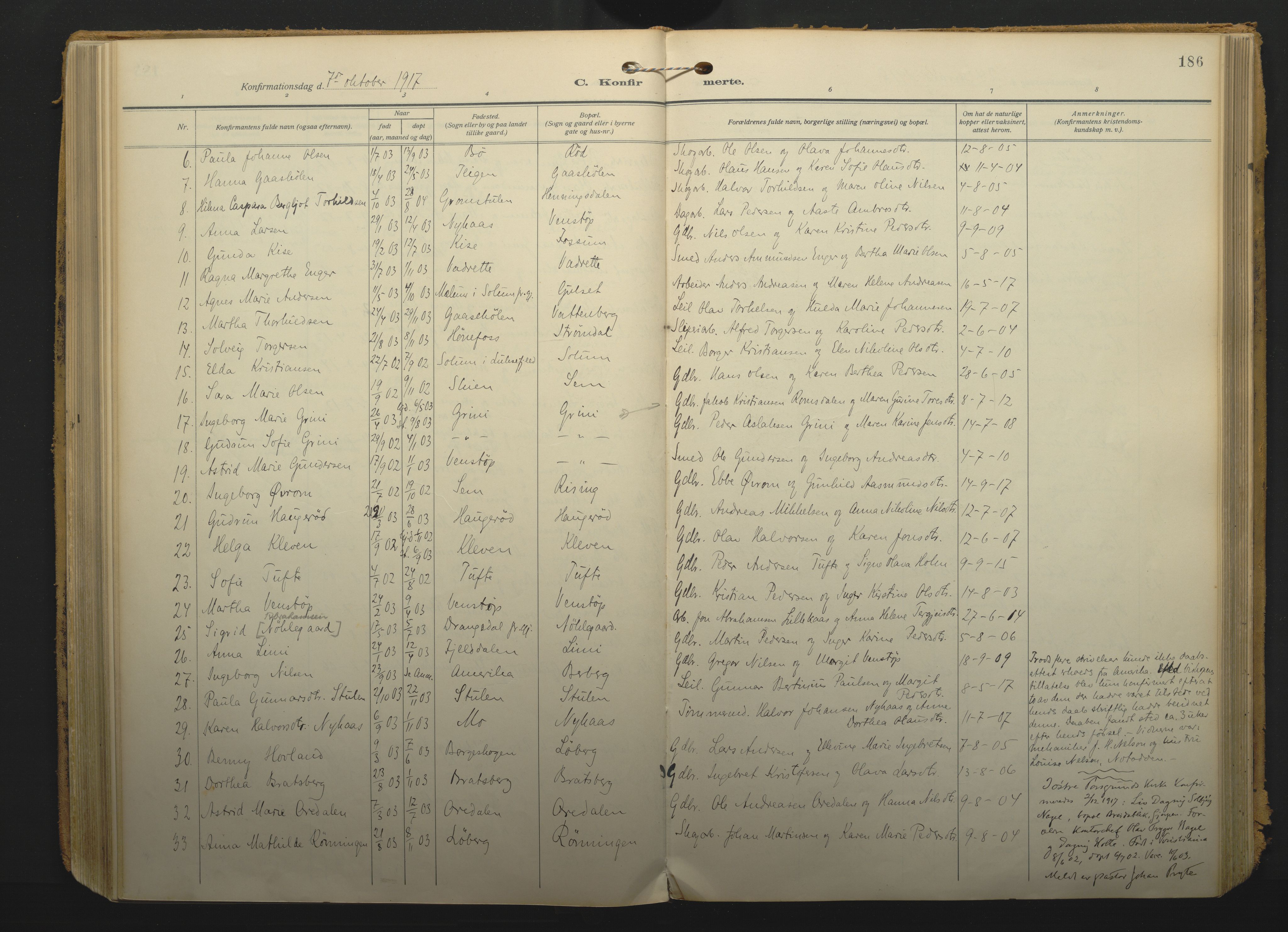 Gjerpen kirkebøker, SAKO/A-265/F/Fa/L0013: Parish register (official) no. I 13, 1914-1924, p. 186