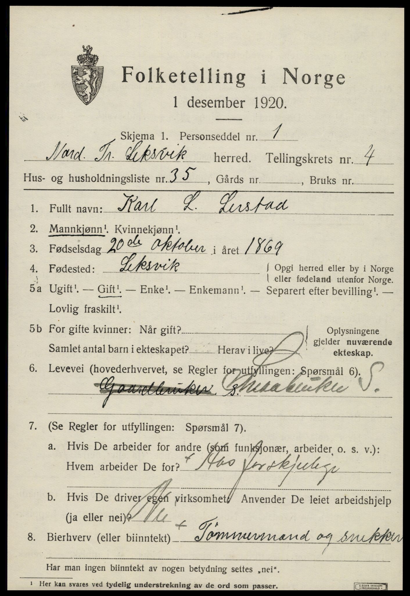 SAT, 1920 census for Leksvik, 1920, p. 3942