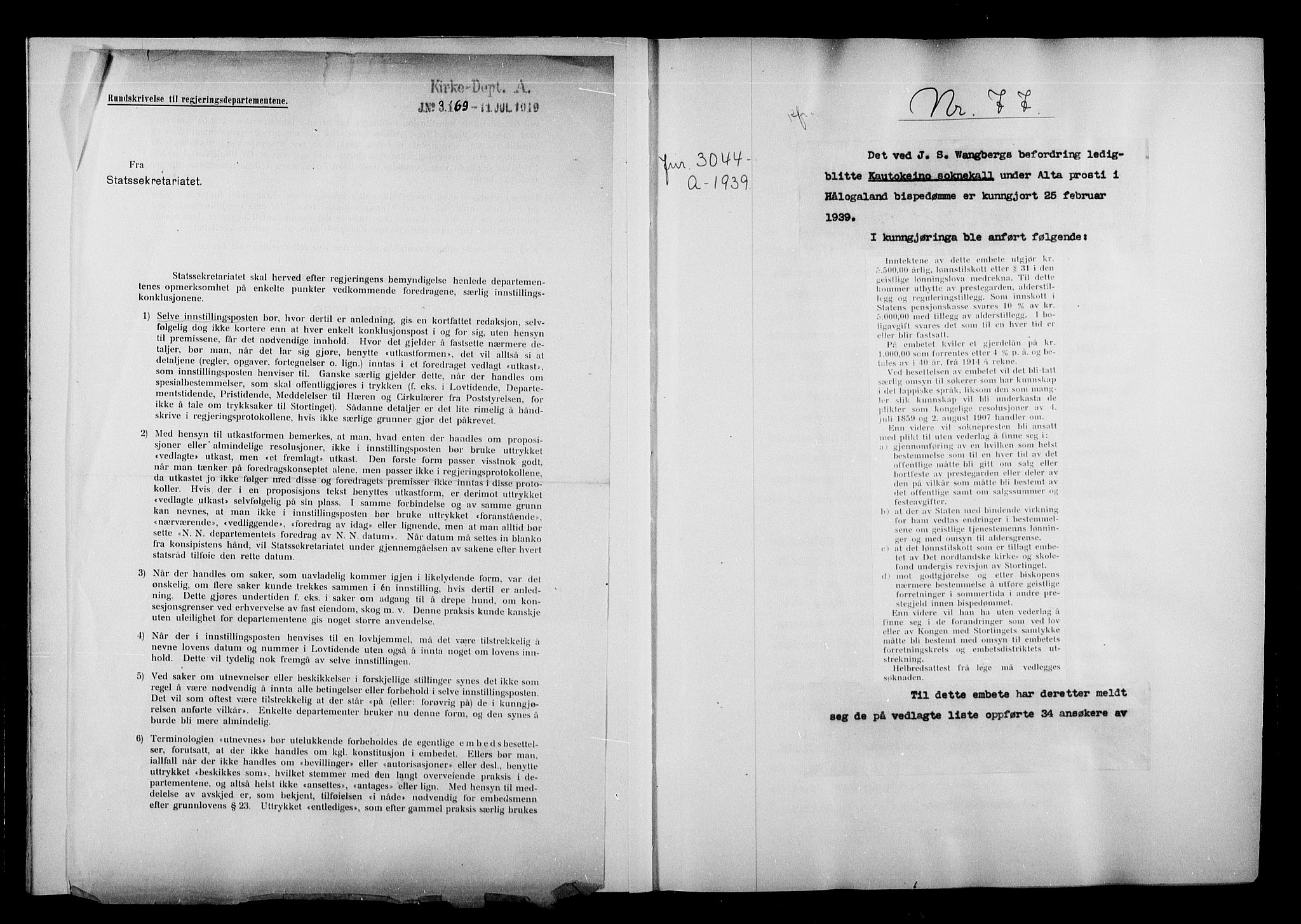 Kirke- og undervisningsdepartementet, Kontoret  for kirke og geistlighet A, AV/RA-S-1007/A/Aa/L0360: Referatprotokoll m/register, bd. 2. Ref.nr. 77-141, 1939