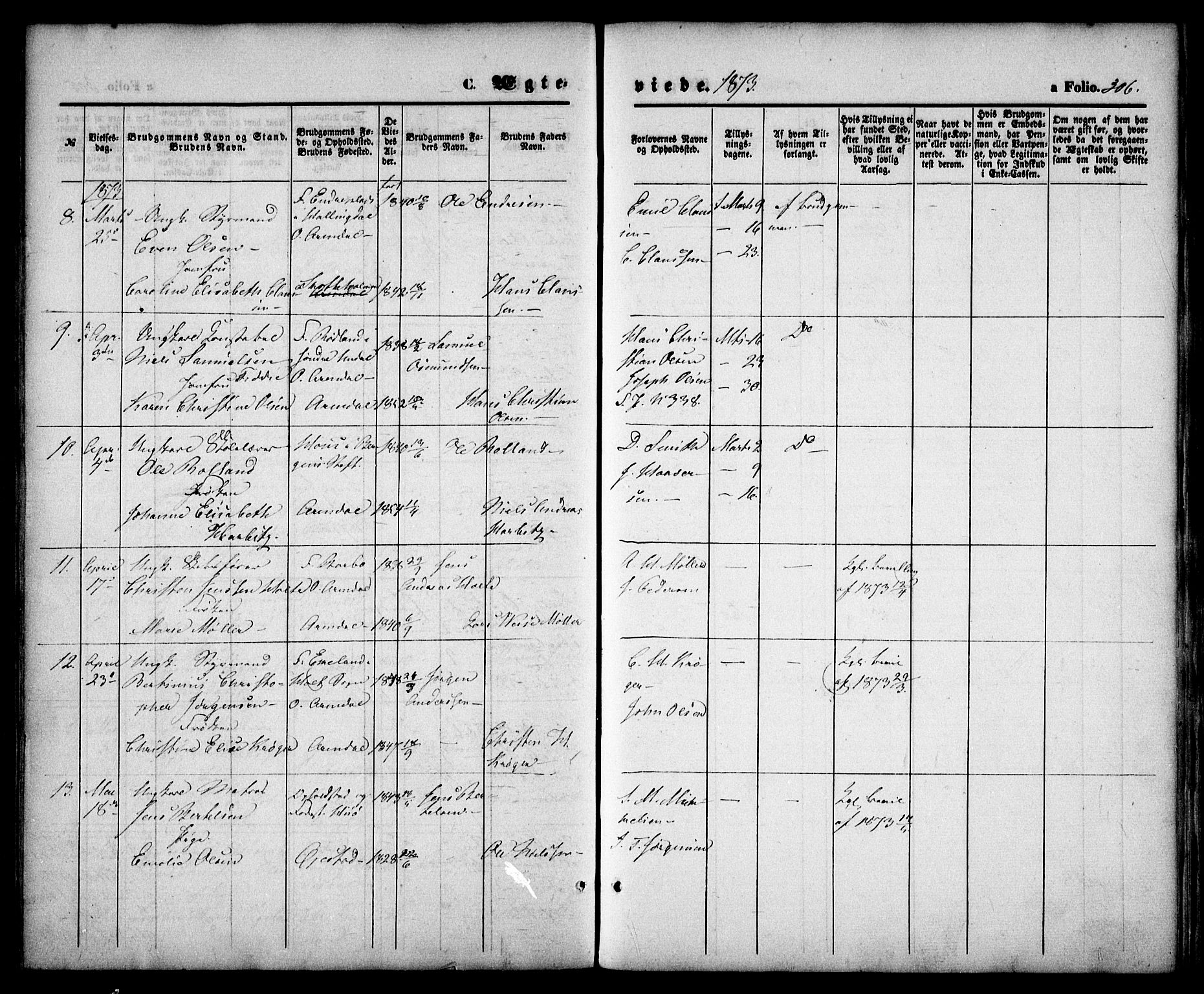Arendal sokneprestkontor, Trefoldighet, SAK/1111-0040/F/Fa/L0007: Parish register (official) no. A 7, 1868-1878, p. 306