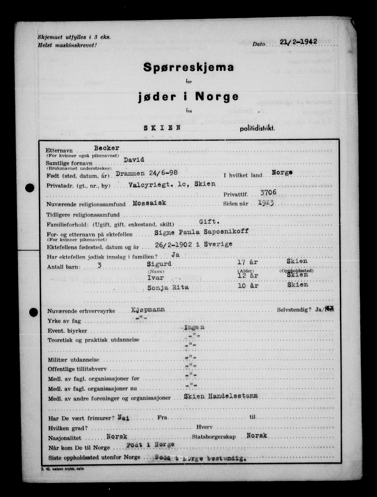 Statspolitiet - Hovedkontoret / Osloavdelingen, AV/RA-S-1329/G/Ga/L0013: Spørreskjema for jøder i Norge. 1: Sandefjord-Trondheim. 2: Tønsberg- Ålesund.  3: Skriv vedr. jøder A-H.  , 1942-1943, p. 43