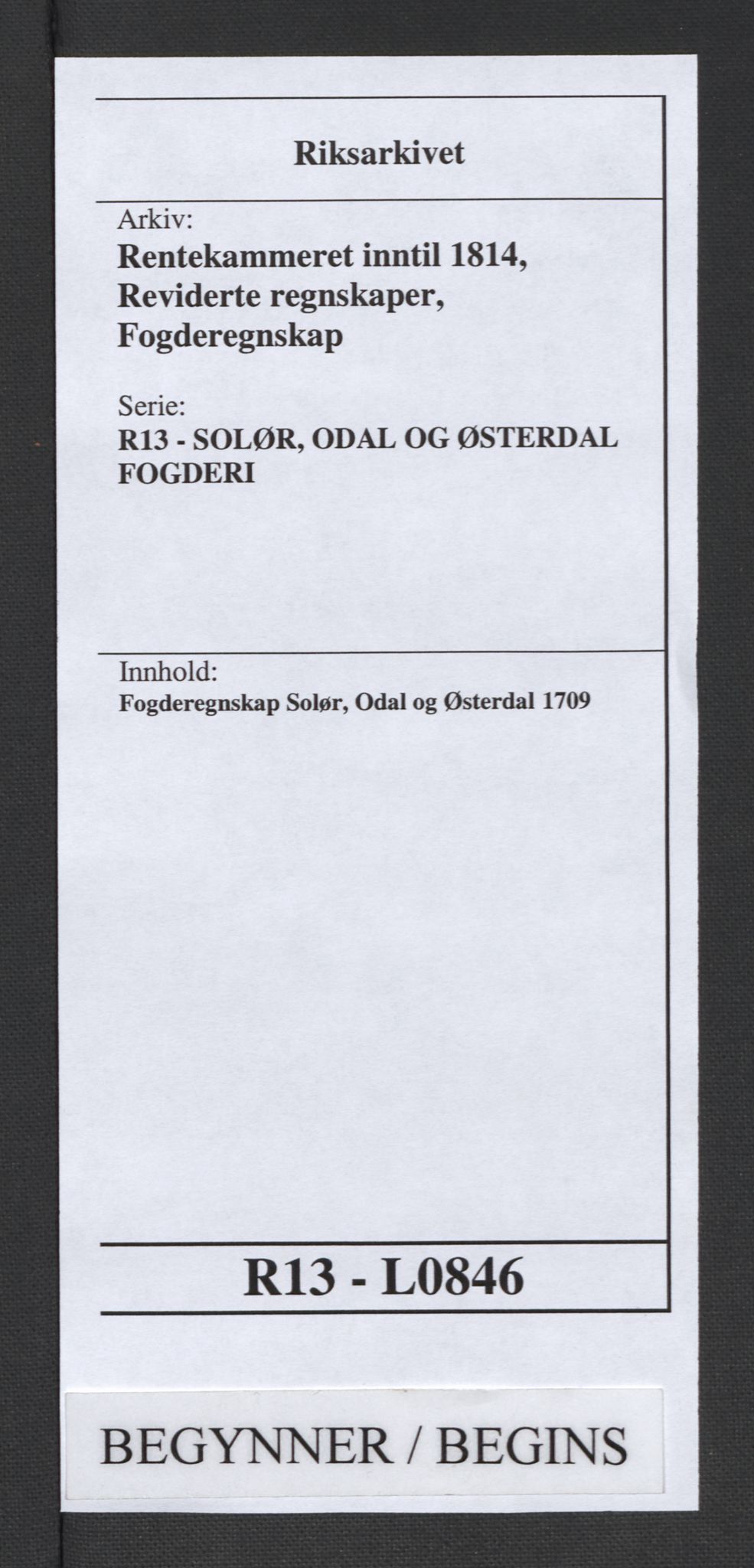 Rentekammeret inntil 1814, Reviderte regnskaper, Fogderegnskap, AV/RA-EA-4092/R13/L0846: Fogderegnskap Solør, Odal og Østerdal, 1709, p. 1