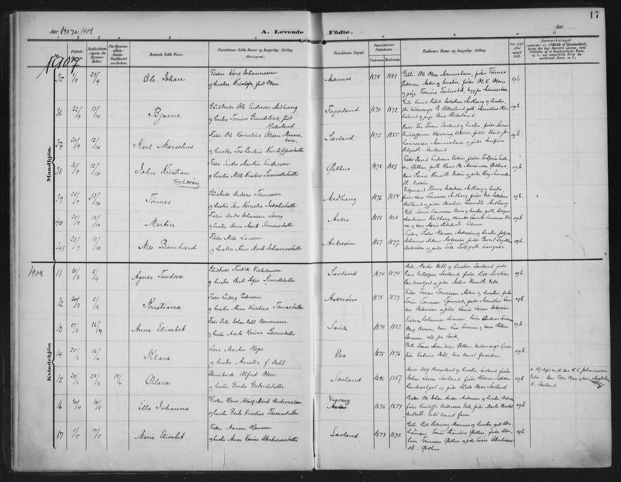 Kopervik sokneprestkontor, AV/SAST-A-101850/H/Ha/Haa/L0005: Parish register (official) no. A 5, 1906-1924, p. 17