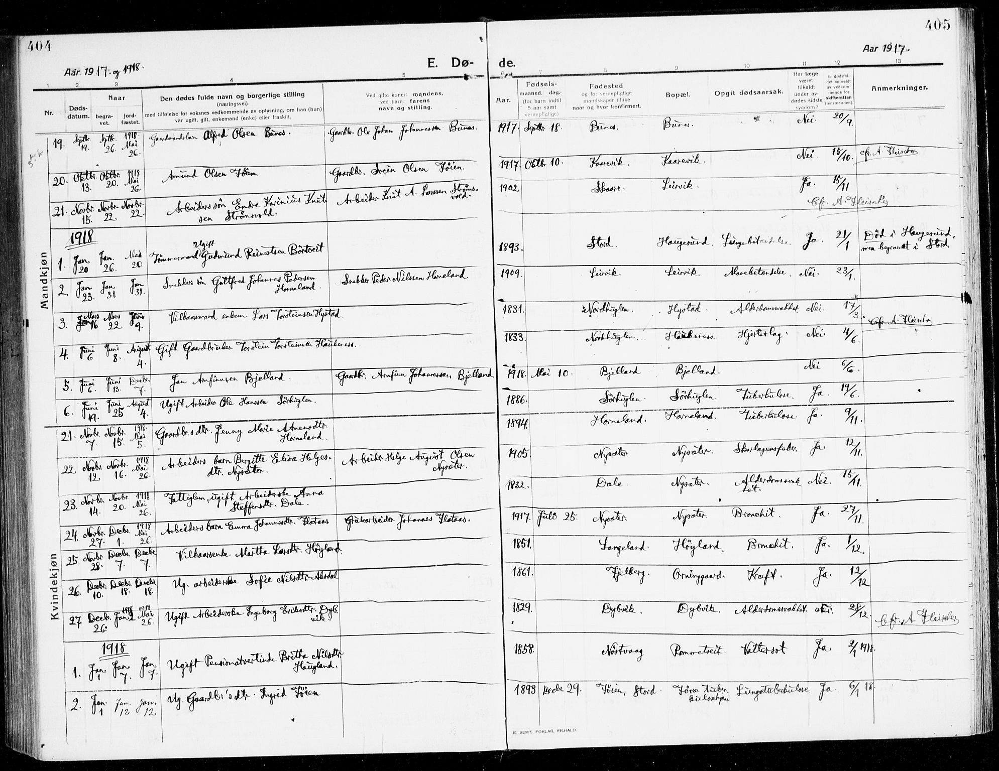 Stord sokneprestembete, SAB/A-78201/H/Haa: Parish register (official) no. B 3, 1913-1925, p. 404-405