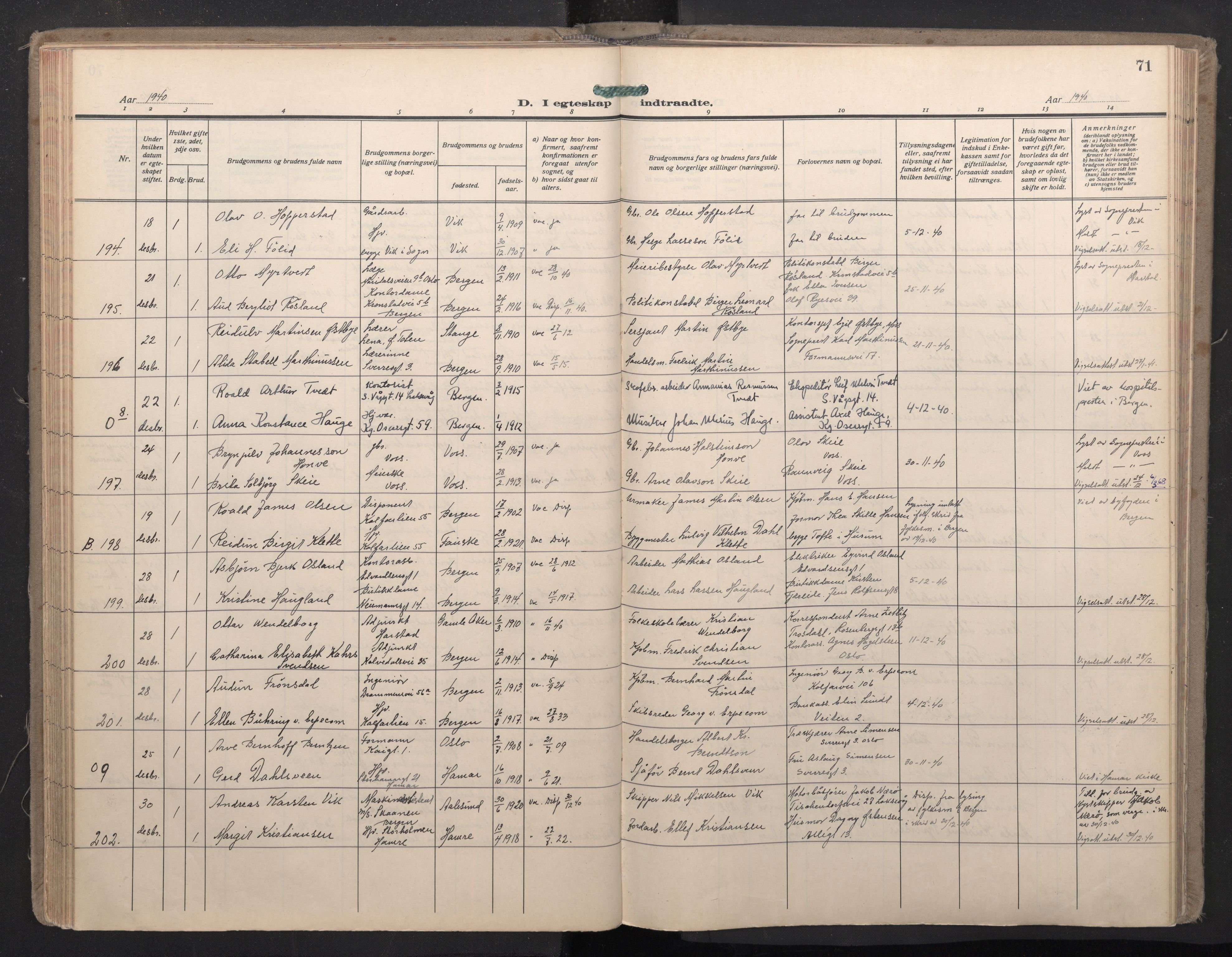 Domkirken sokneprestembete, SAB/A-74801/H/Haa: Parish register (official) no. D 7, 1937-1950, p. 70b-71a
