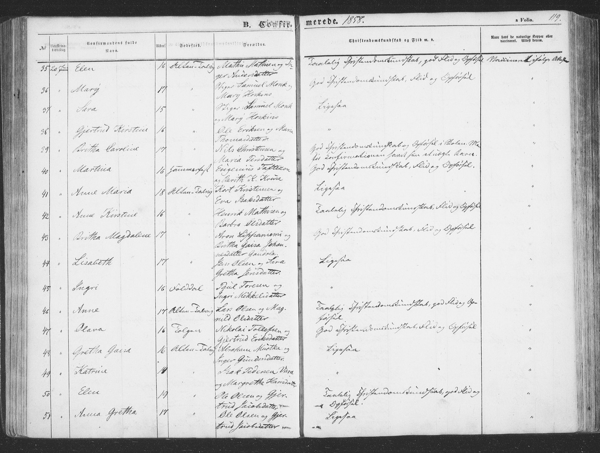 Talvik sokneprestkontor, SATØ/S-1337/H/Ha/L0010kirke: Parish register (official) no. 10, 1852-1864, p. 119