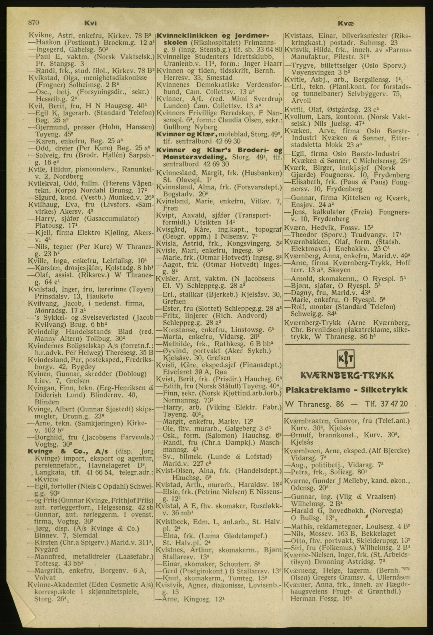 Kristiania/Oslo adressebok, PUBL/-, 1953, p. 870
