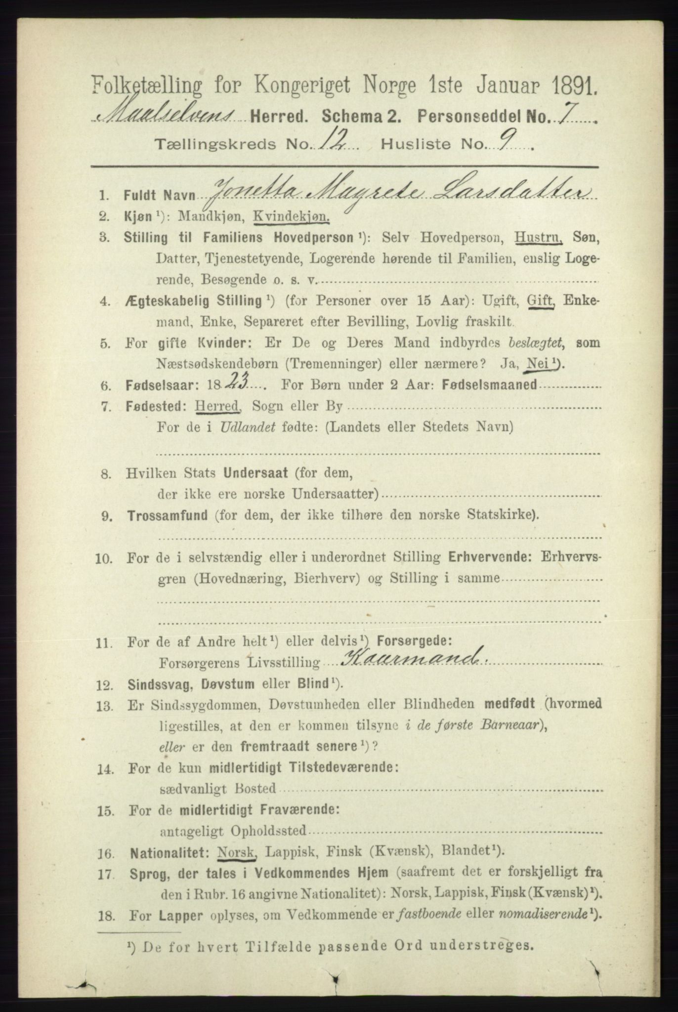 RA, 1891 census for 1924 Målselv, 1891, p. 3848
