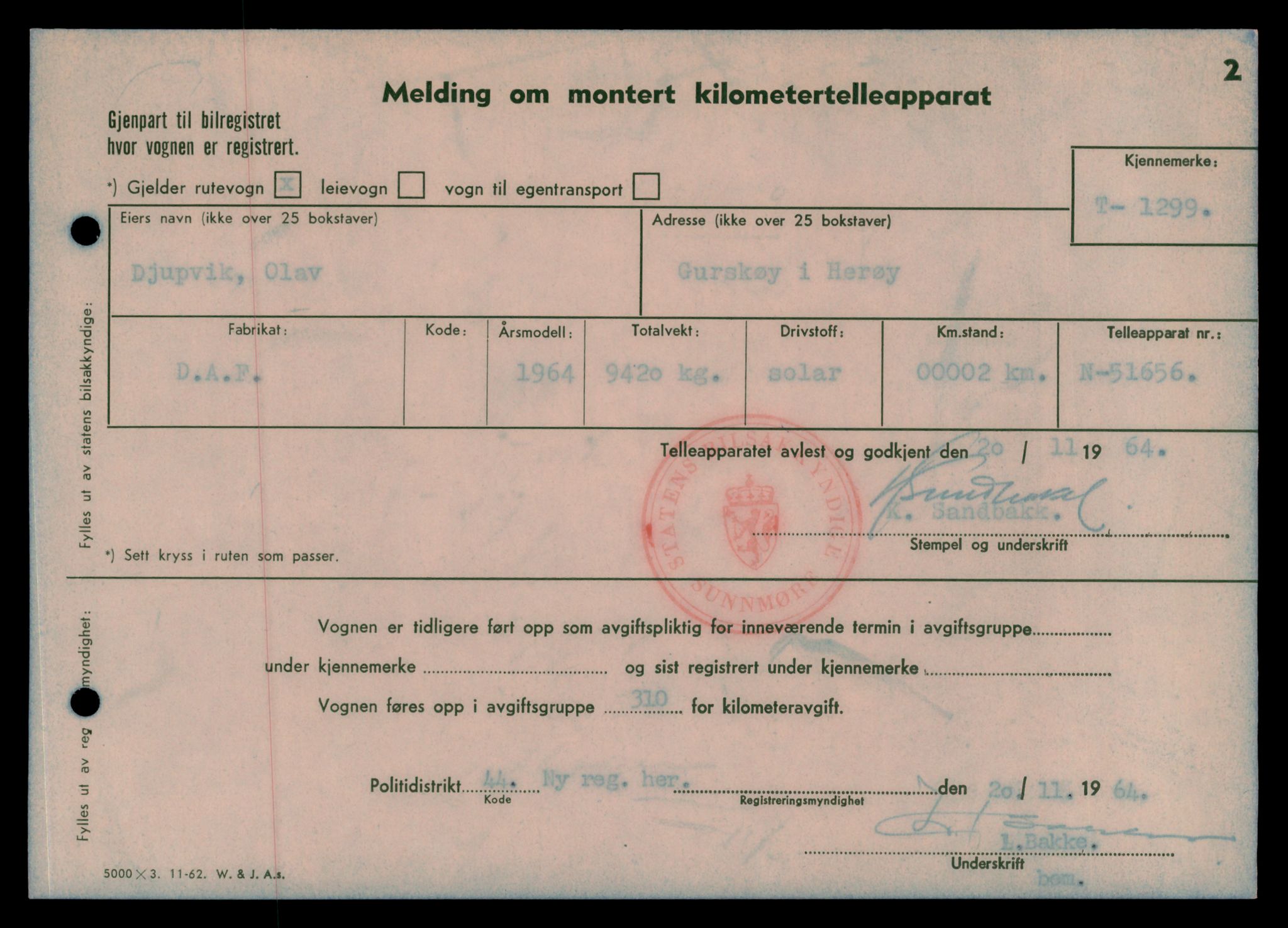 Møre og Romsdal vegkontor - Ålesund trafikkstasjon, SAT/A-4099/F/Fe/L0012: Registreringskort for kjøretøy T 1290 - T 1450, 1927-1998, p. 171