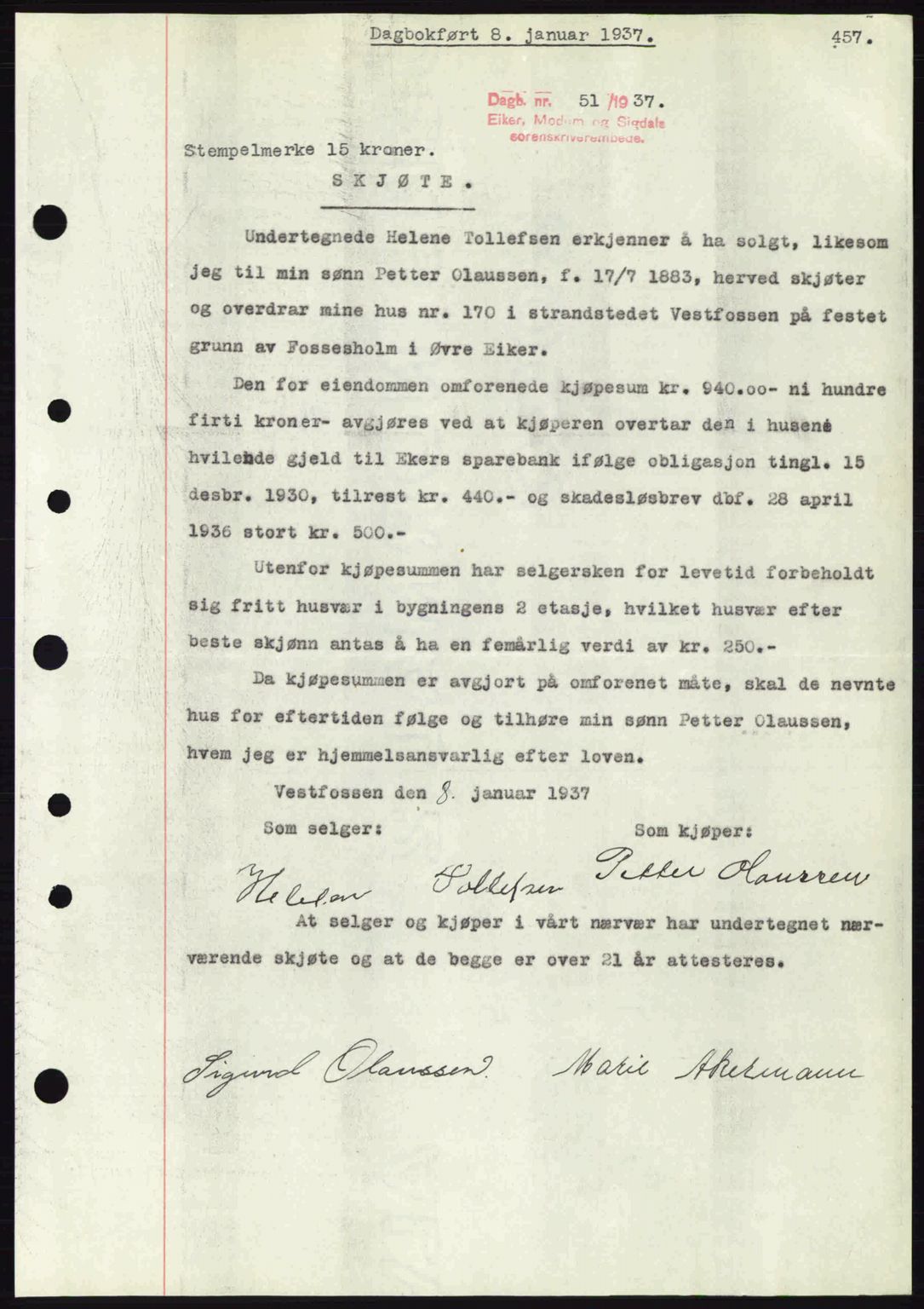 Eiker, Modum og Sigdal sorenskriveri, SAKO/A-123/G/Ga/Gab/L0034: Mortgage book no. A4, 1936-1937, Diary no: : 51/1937