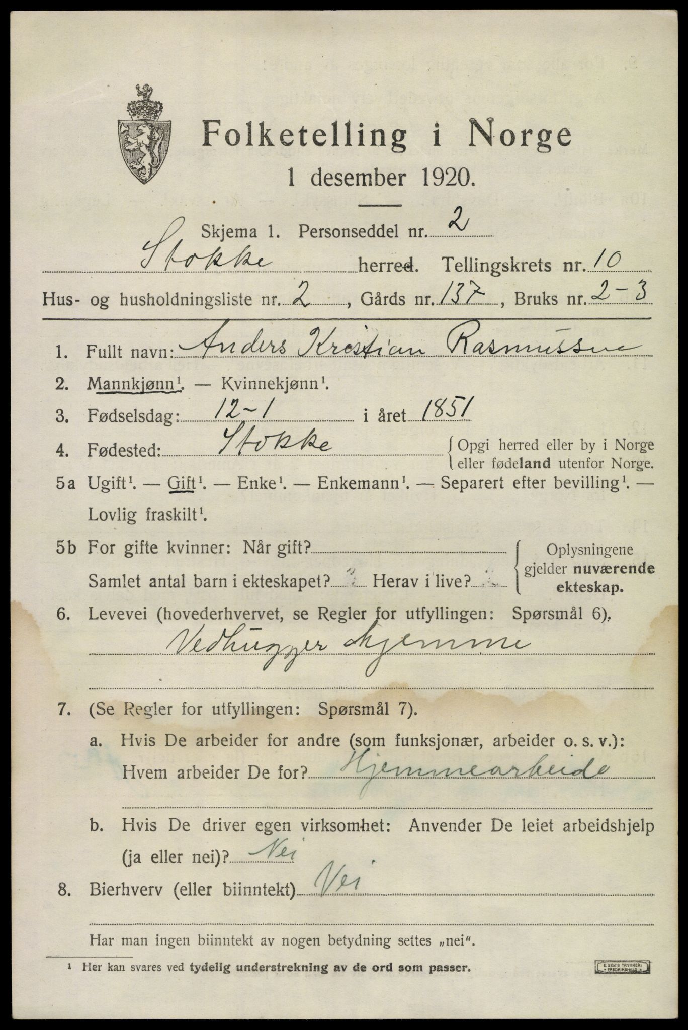 SAKO, 1920 census for Stokke, 1920, p. 11184