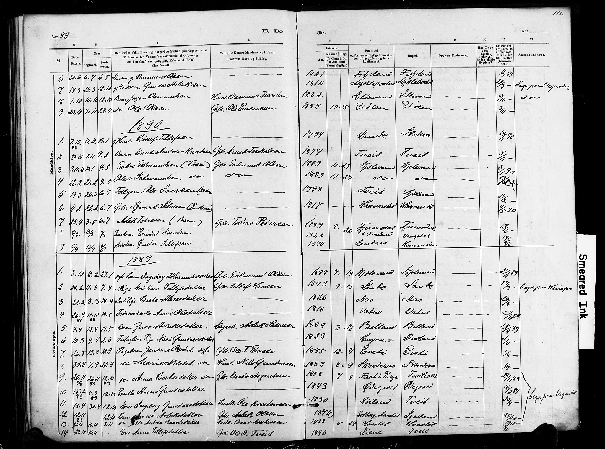 Herefoss sokneprestkontor, SAK/1111-0019/F/Fb/Fbb/L0002: Parish register (copy) no. B 2, 1879-1894, p. 112